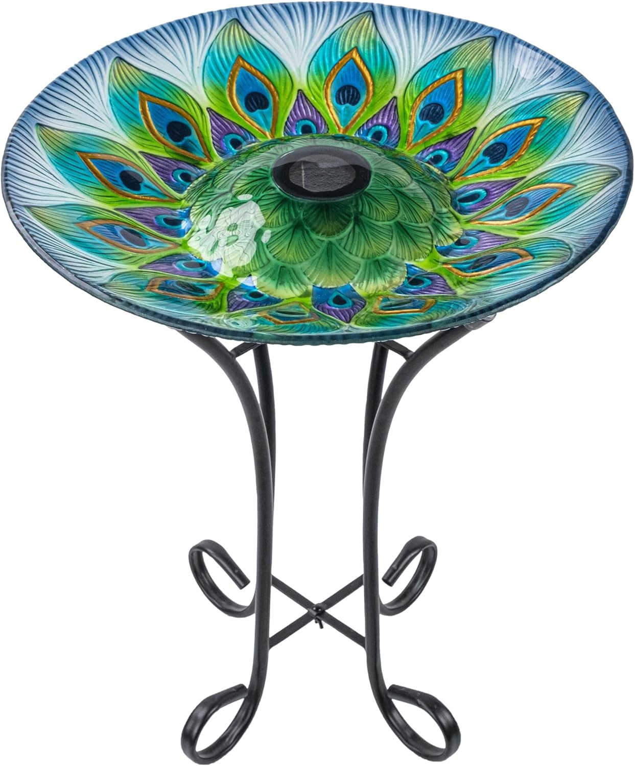 Teamson Home Handpainted Hummingbird Fusion Glass Birdbath Bowl Feeder with Metal Stand for Outdoor Patio Garden Backyard Decking, 21 Inch Height, Purple/Light Blue | Fusion Glass, Metal Stand, Outdoor Patio Garden Backyard Decking, 21 Inch Height