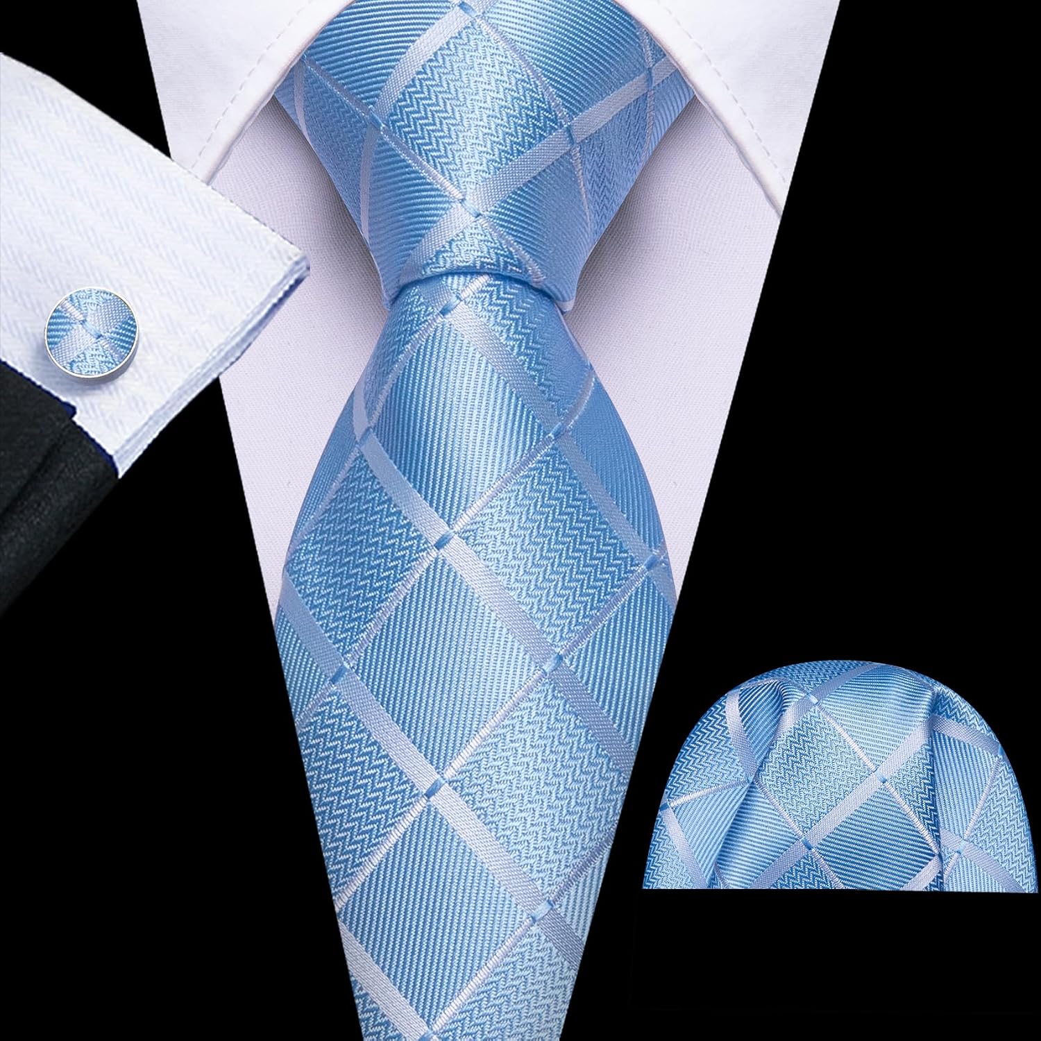 Barry.Wang Plaid Ties for Men Silk Necktie Handkerchief Cuff Links Set