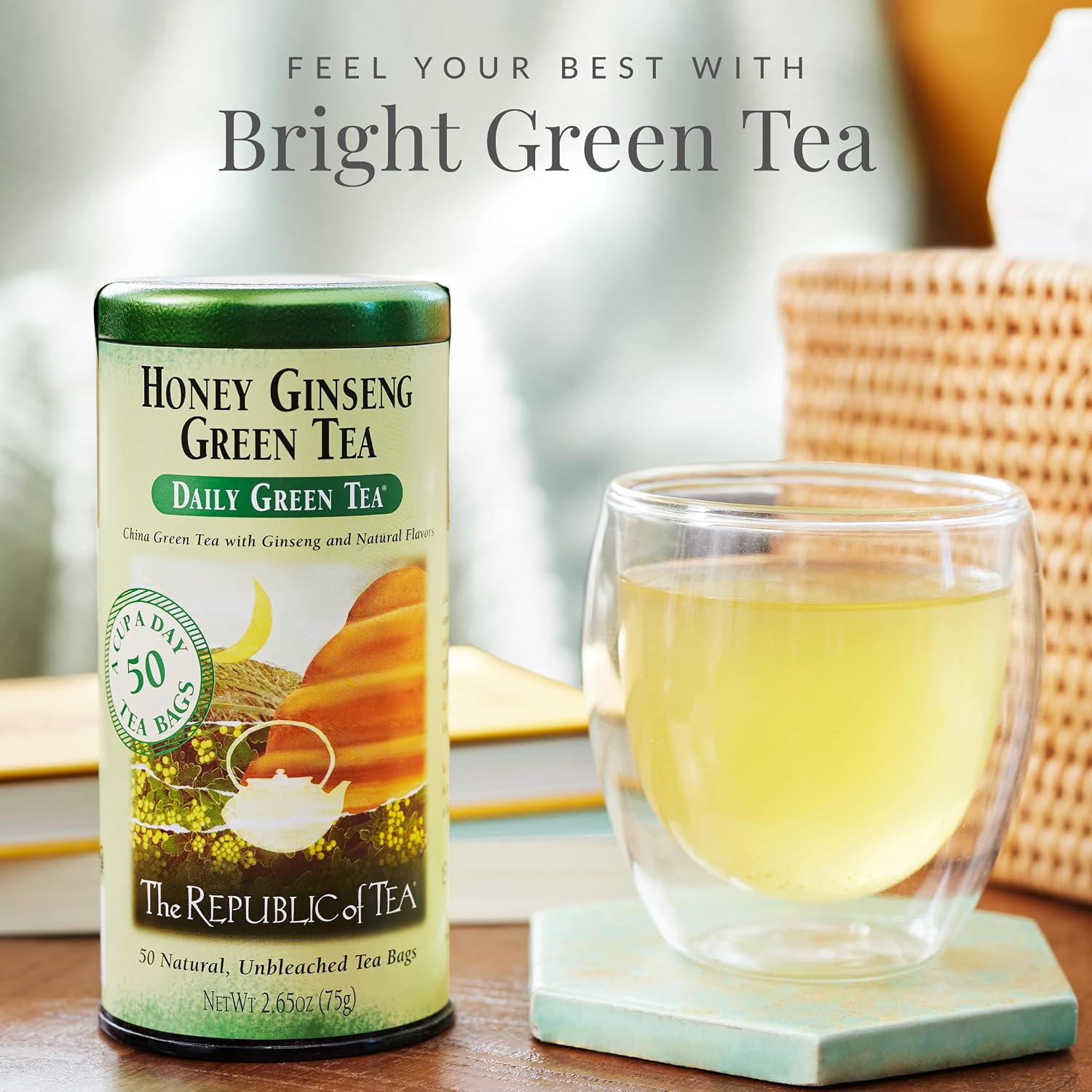 The Republic of Tea Daily Green Honey Ginseng Green Tea, 50 Count | Low Caffeine. A gentle cup for everyday sipping. Fresh with light vegetal notes. Gluten Free and Carb Free.