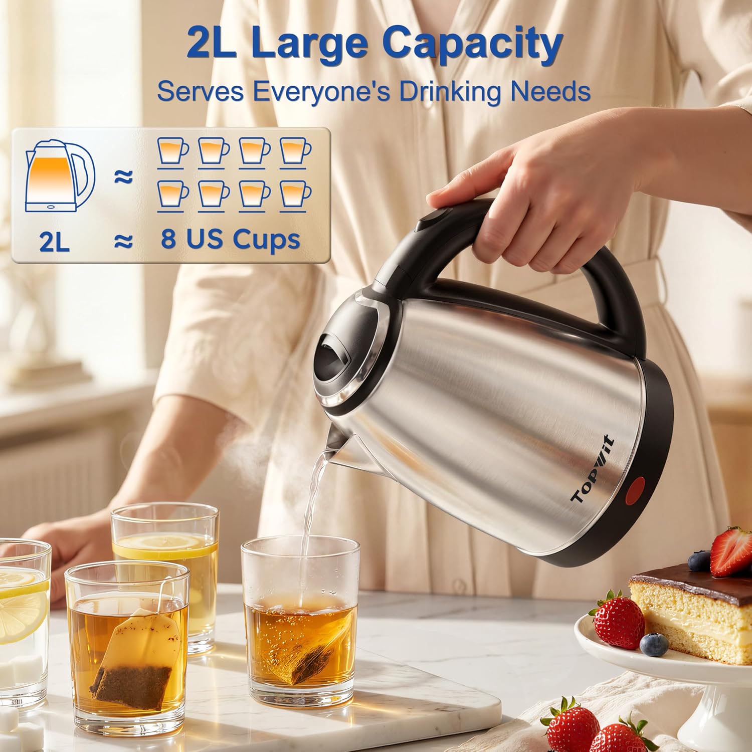 TOPWIT 2.0L Glass Electric Kettle, Hot Water Boiler, BPA-Free