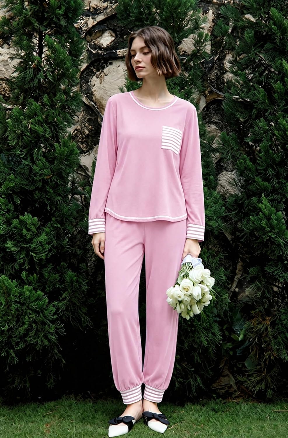 SWOMOG Women’s Pajamas Set Long Sleeve Sleepwear with Long Pants Soft Modal Loungewear Pj Set