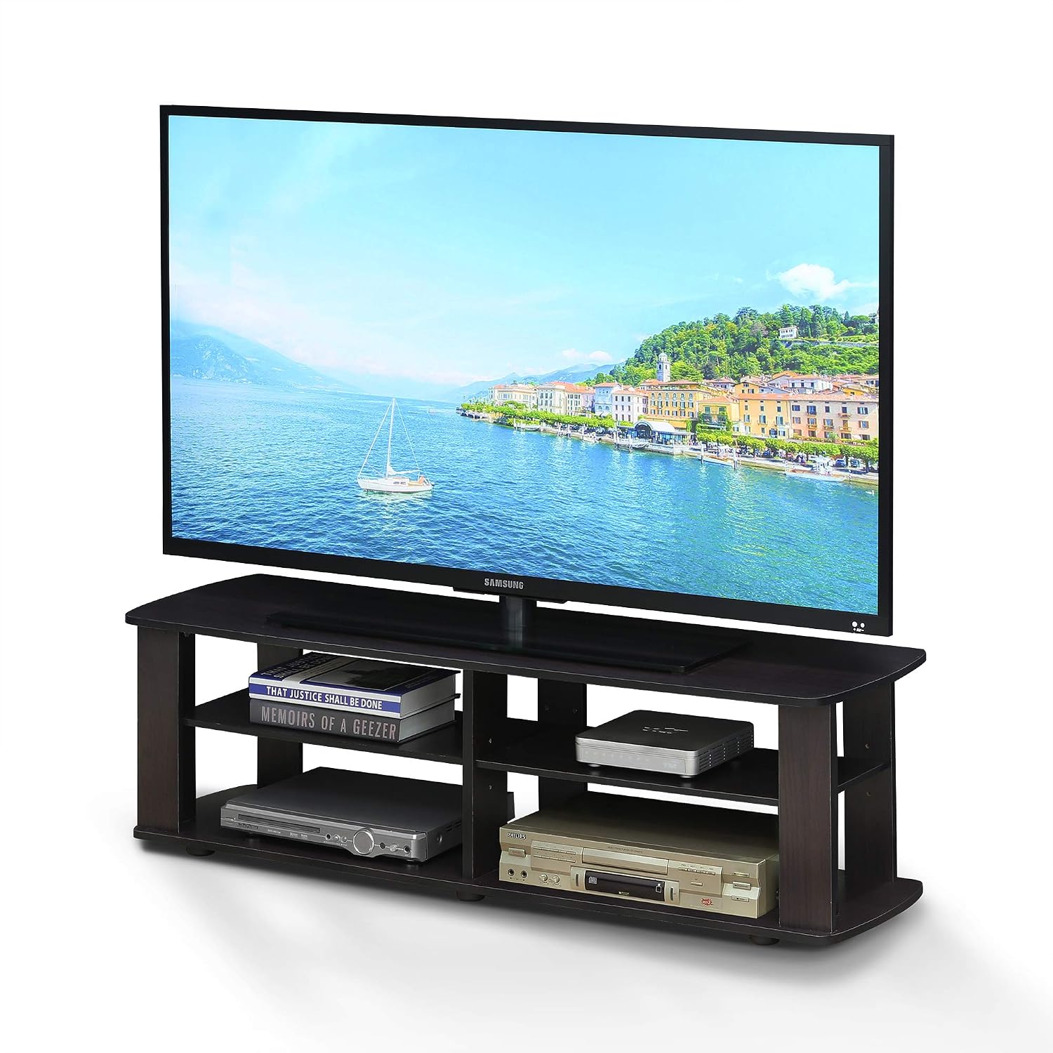 Furinno Nelly TV Stand, 3-Tier Entertainment Center with Open Shelves Storage, TV Console for TV up to 55 Inch, Soft Edges, for Living Room, Bedroom, Black