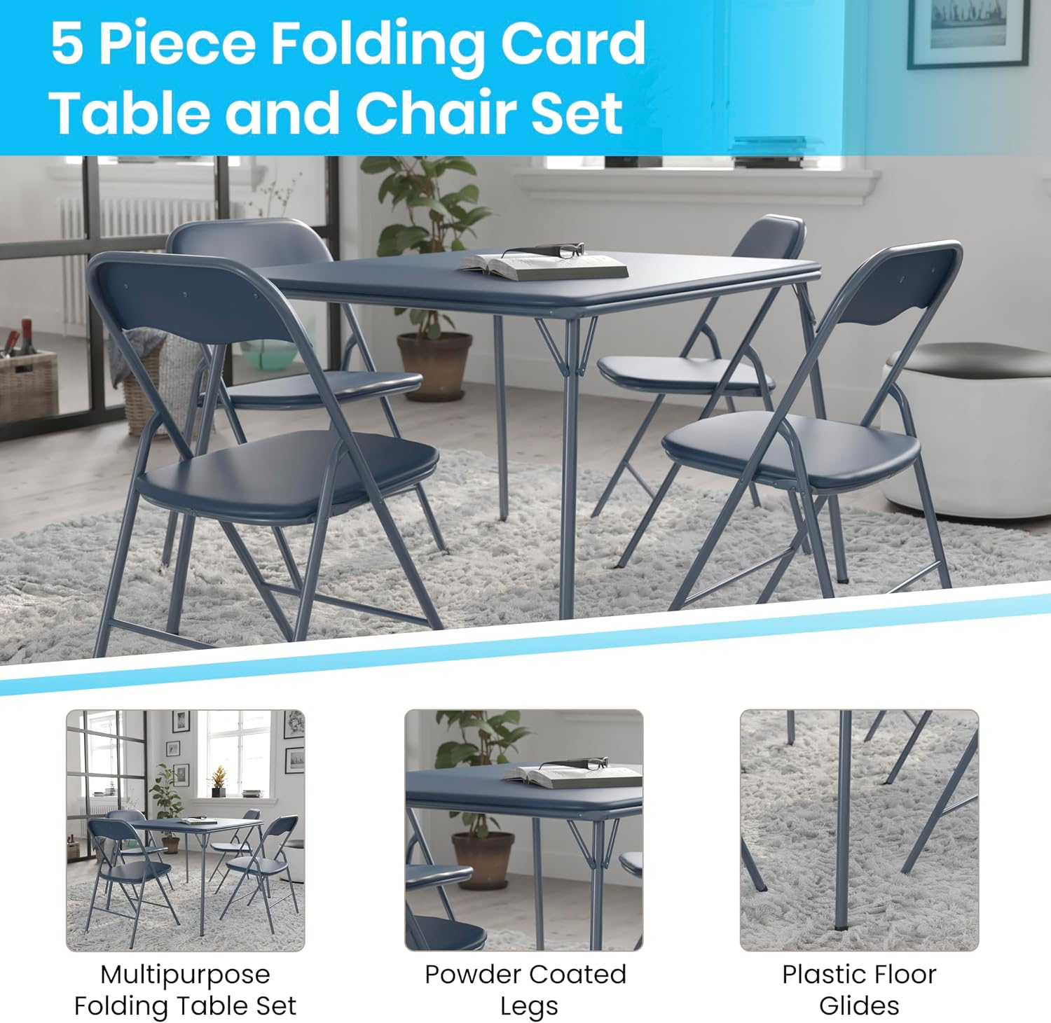 Flash Furniture Madelyn 33.5" Square Folding Multipurpose Card Table with Padded Vinyl Top, Portable Folding Game Table for 4 Players, Black