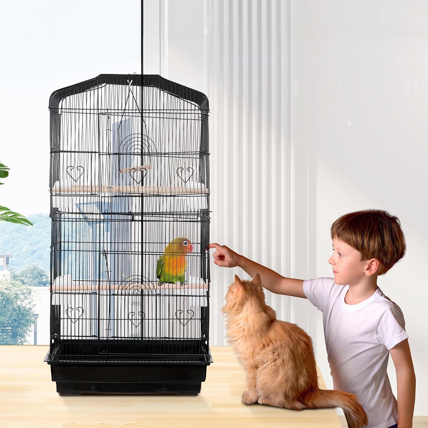 ZENY 63.4 Inch Bird Cage, Rolling Wrought Iron Parrot Cage | with Side-out Tray, Storage Shelf