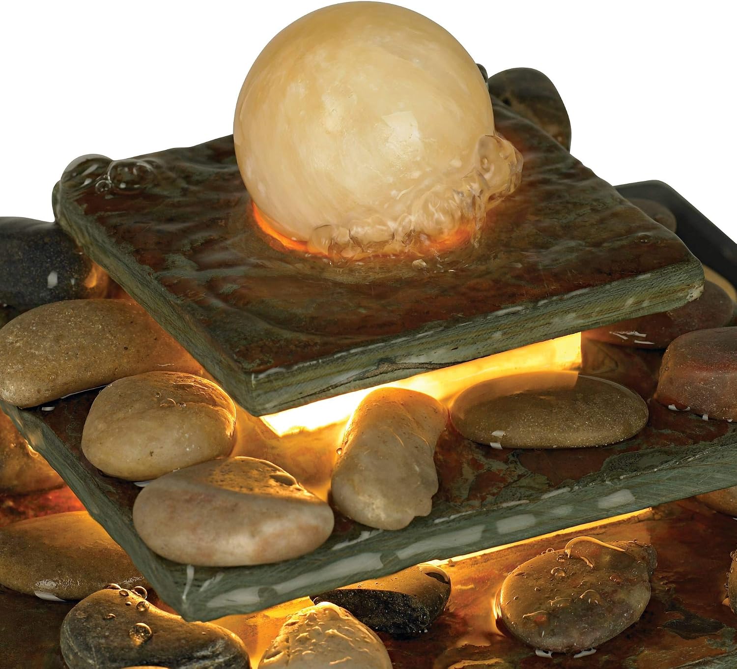 Pyramid 10" High Feng Shui Ball Lighted Table Indoor Small Fountain | Zen Modern Decor Slate Stone Tabletop with Light Waterfall Rock Water Feature for Desk Relaxation Bedroom Living Room