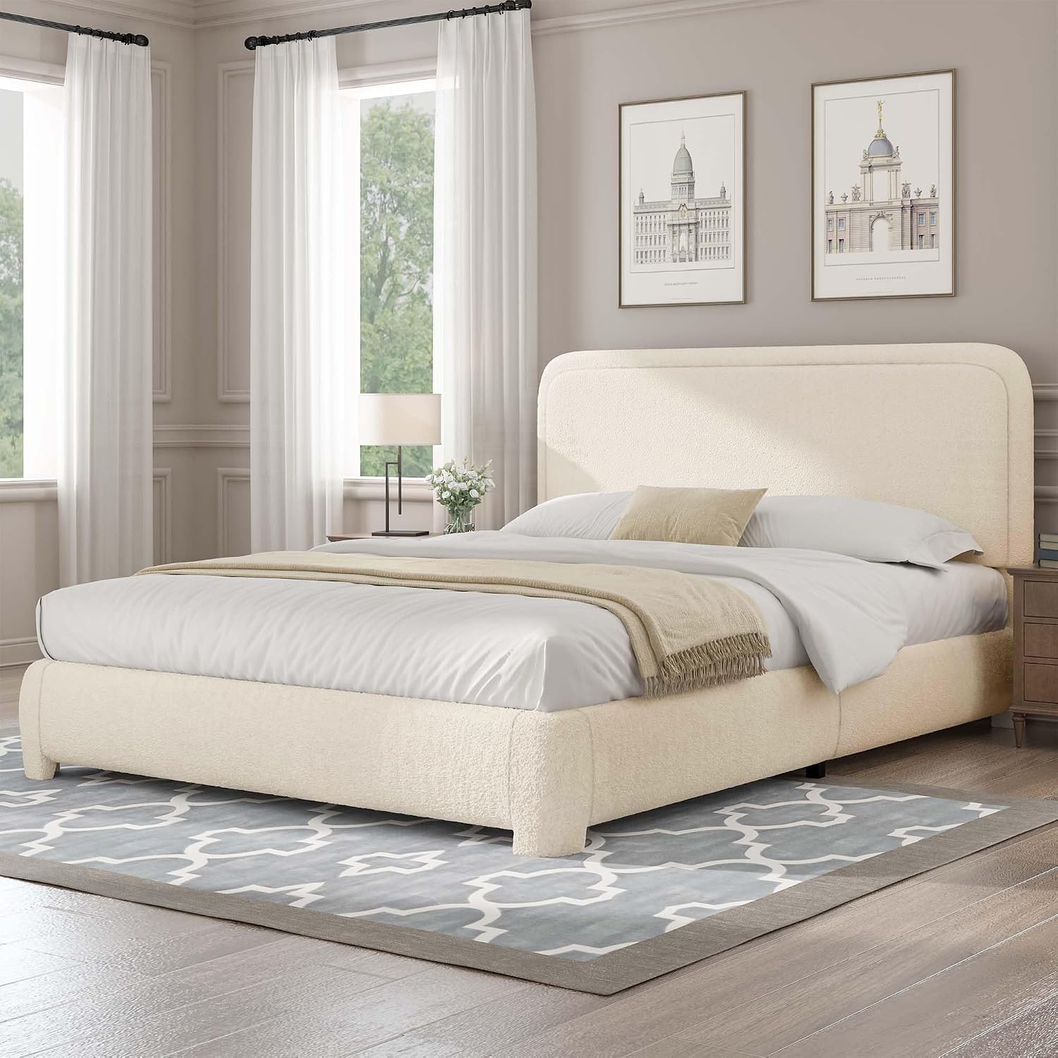 BarnFurin Full Bed Frame, Cloud Boucle Headboard, Rounded Corners, White | Soft boucle and rounded edges create a low-profile cloud look. Wooden slats support the mattress without a box spring