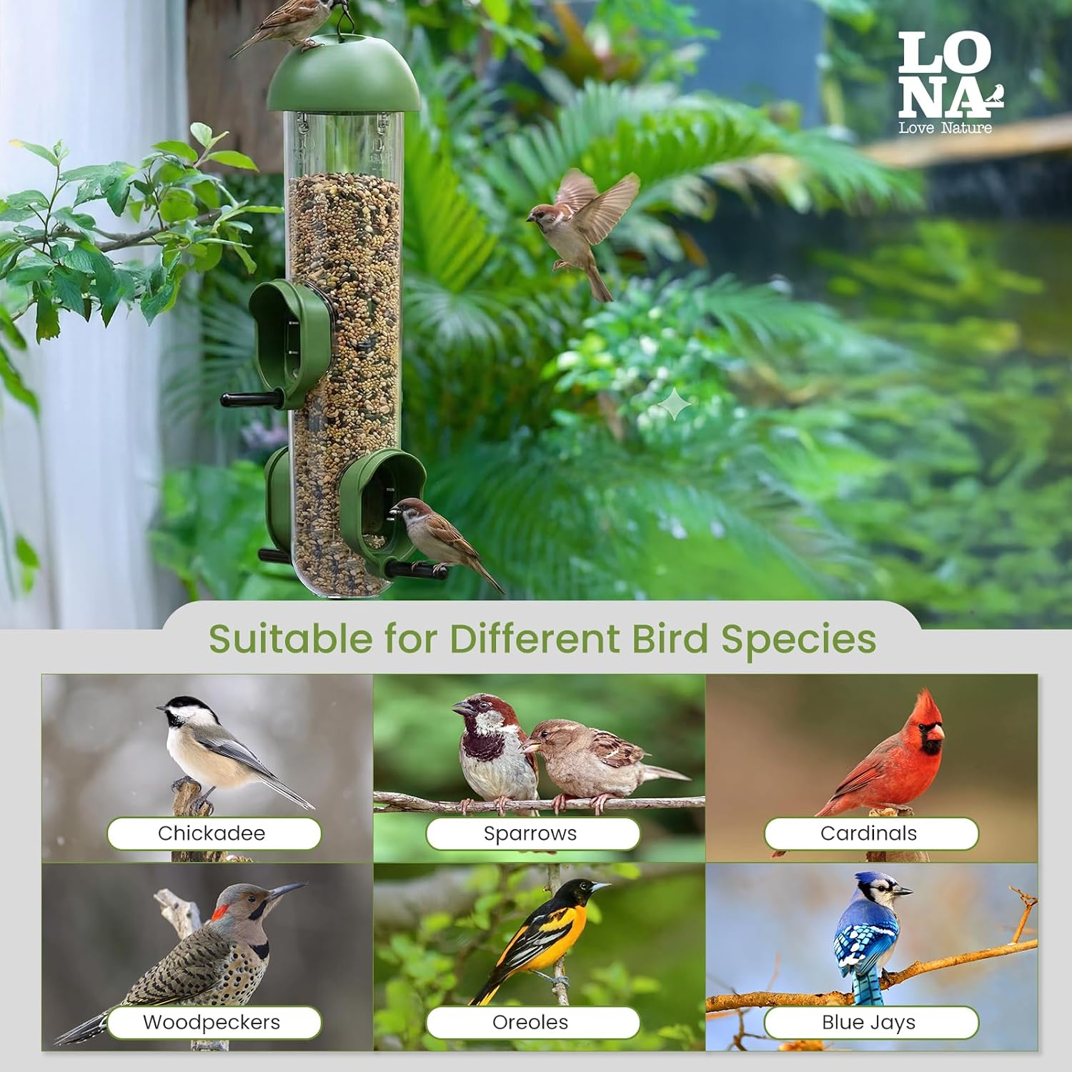 LONA Bird Feeders for Outdoors, Tube Feeder Weatherproof with Multiple Hanging Methods, Wild Bird Feeding Silo for Outside, 3 Port