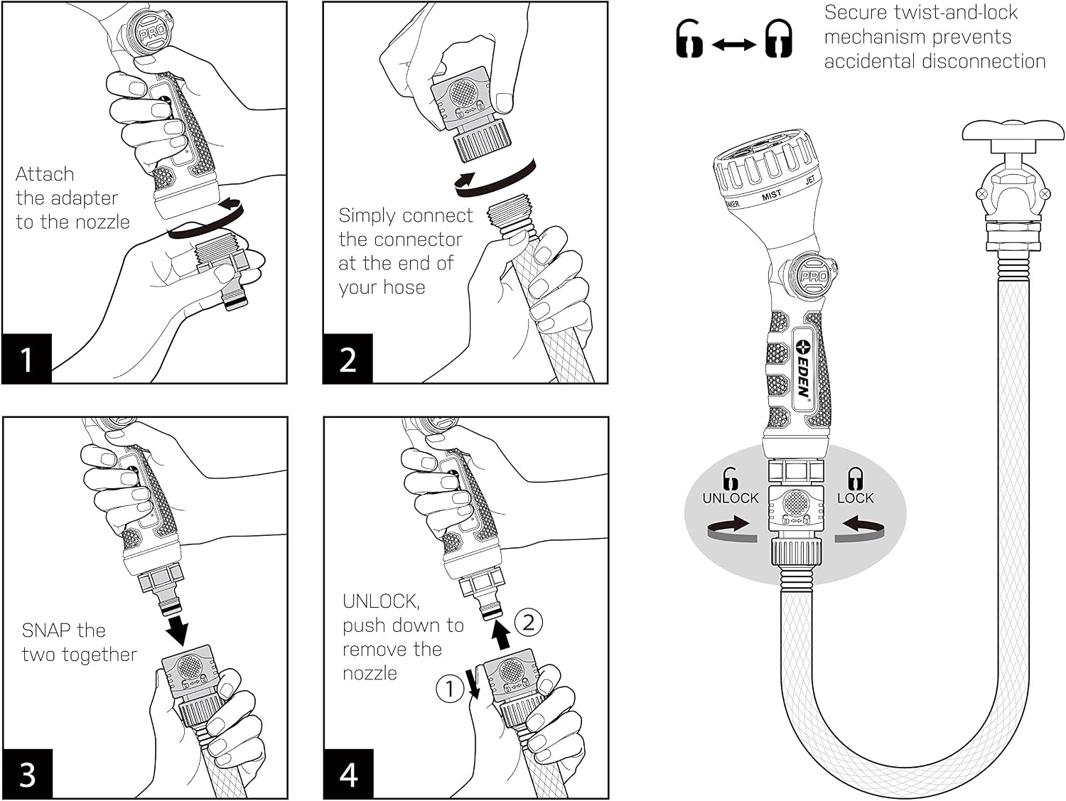 Eden Metal 7-Pattern Hose Nozzle: Thumb Control, Heavy-Duty Zinc Alloy