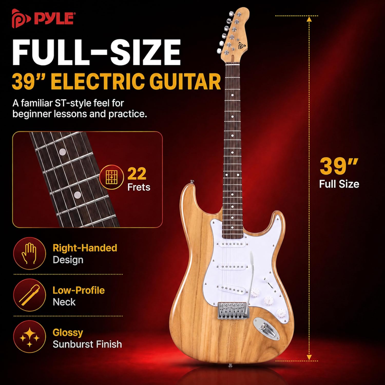 Pyle Electric Guitar and Amp Kit - Full Size 39" Complete Starter Kit with Wearable Bluetooth Amplifier, 1/4” Cable, Carry Case, Strap, Strings, Picks, Cleaning Cloth, ST-Style Pickups (Black)