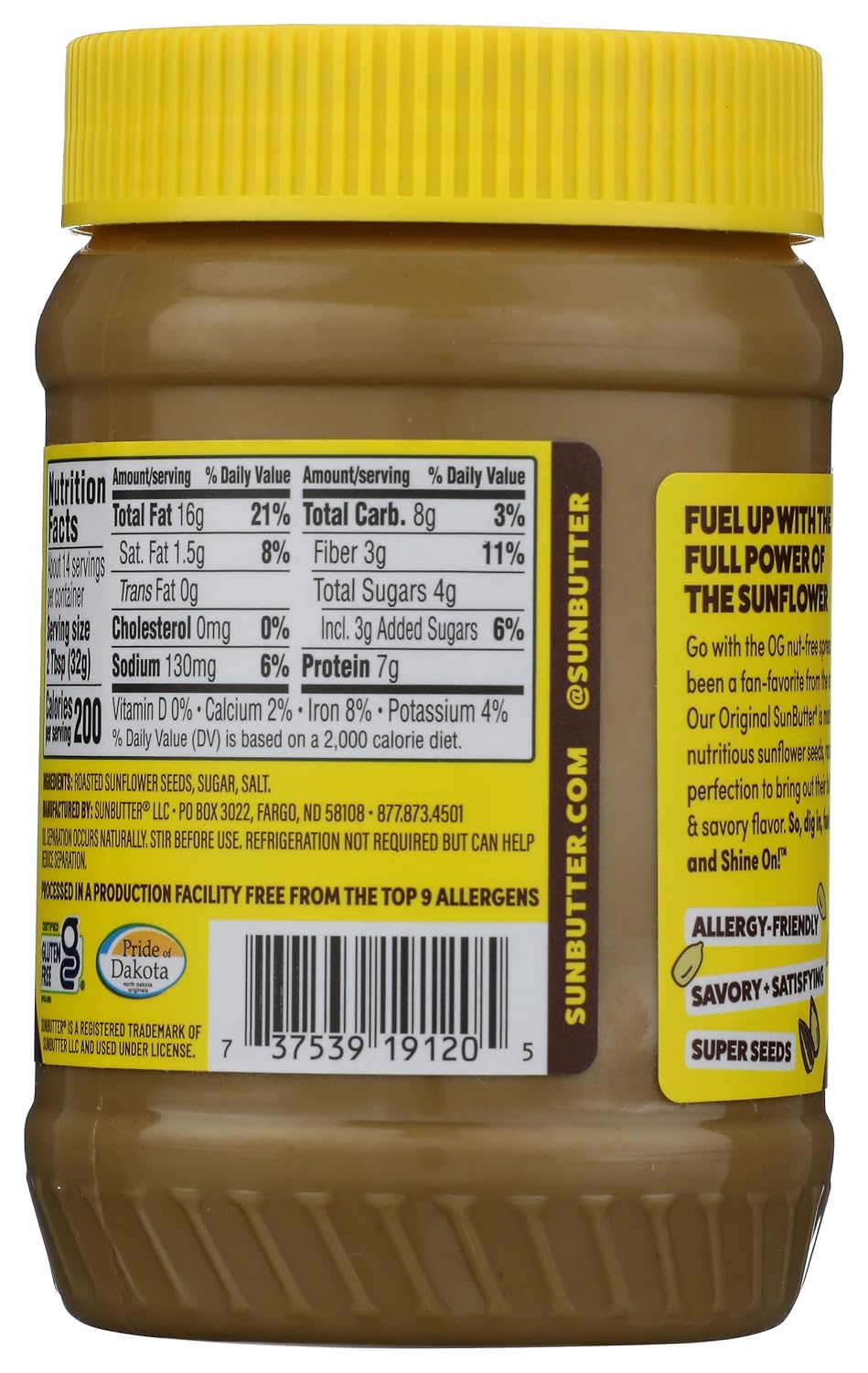 SunButter Original Sunflower Seed Butter, 16 oz Nut-Free Spread with 7g Plant-Based Protein, Roasted Rich & Savory Flavor, Smooth Texture | Vegan, Kosher & Non-GMO