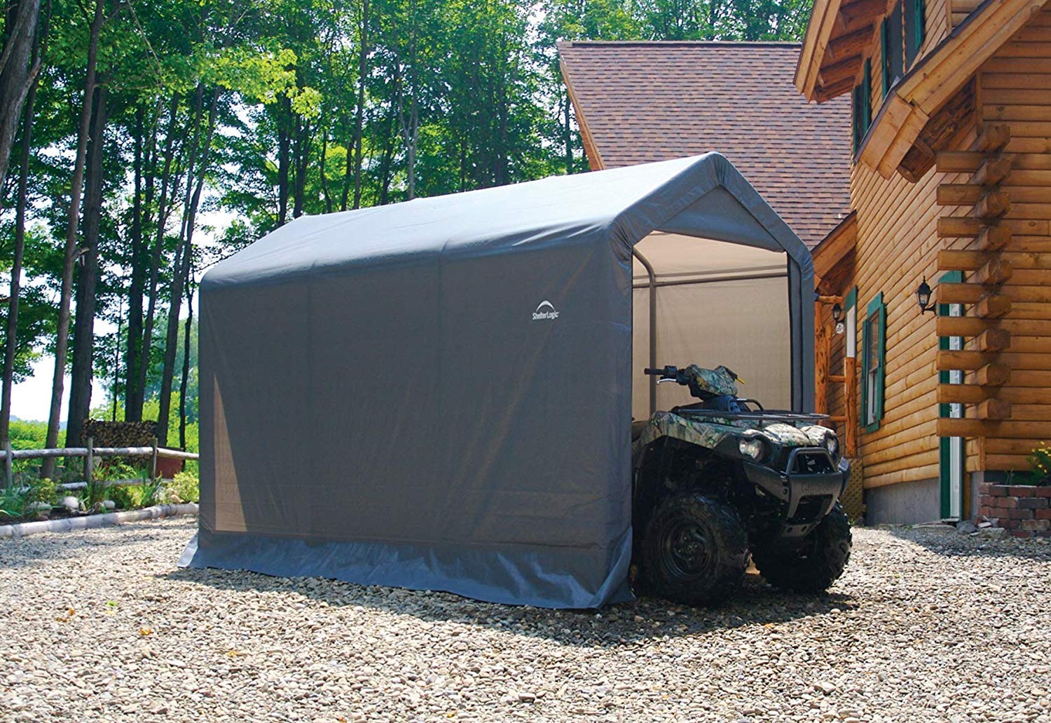 ShelterLogic 10' x 10' Shed-in-a-Box All Season Steel Metal Round Roof Outdoor Storage Shed with Waterproof Cover and Heavy Duty Reusable Auger Anchors, grey