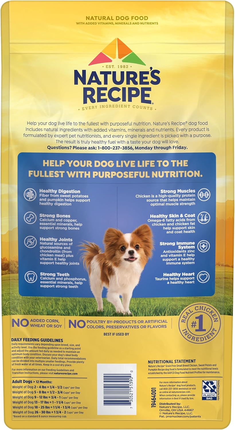 Nature's Recipe Grain Free Small Breed Dry Dog Food, Chicken, Sweet Potato & Pumpkin Recipe, 4 lb. Bag | Chicken, Sweet Potato & Pumpkin Recipe for Small Adult Dogs, Made with No Poultry By-Product Meal or Artificial Preservatives