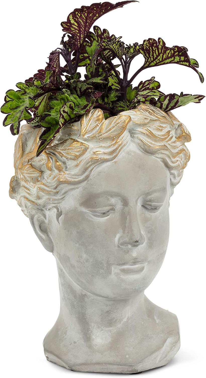 Abbott Collection Large Woman Head Planter | Hand-Finished Greco-Roman Style, Indoor & Outdoor, For Flowers & Succulents, Cement, Gray, 10"H
