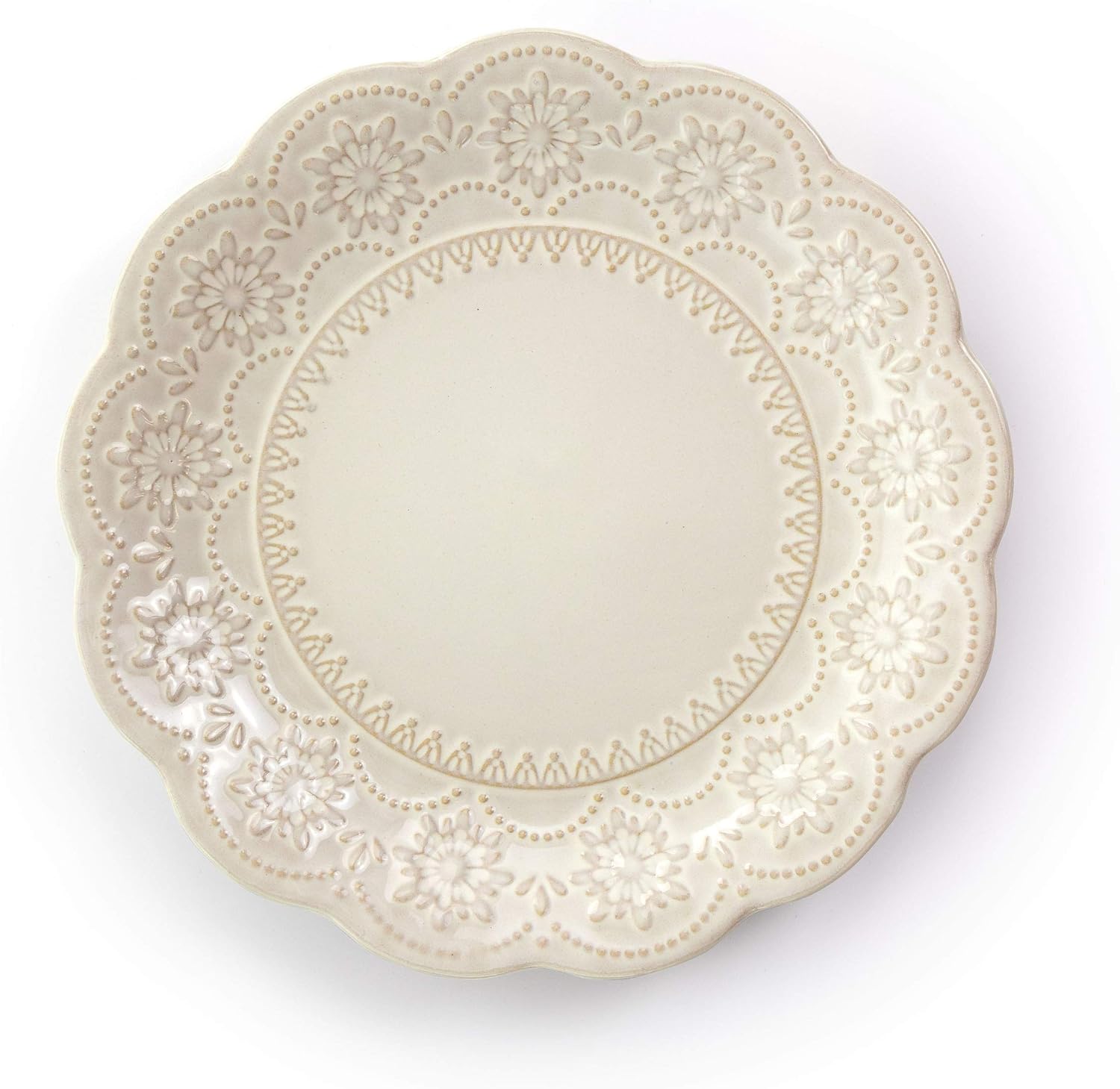 Elama Embossed Scalloped Stoneware Dinnerware Dish Set, 16 Piece, Ivory
