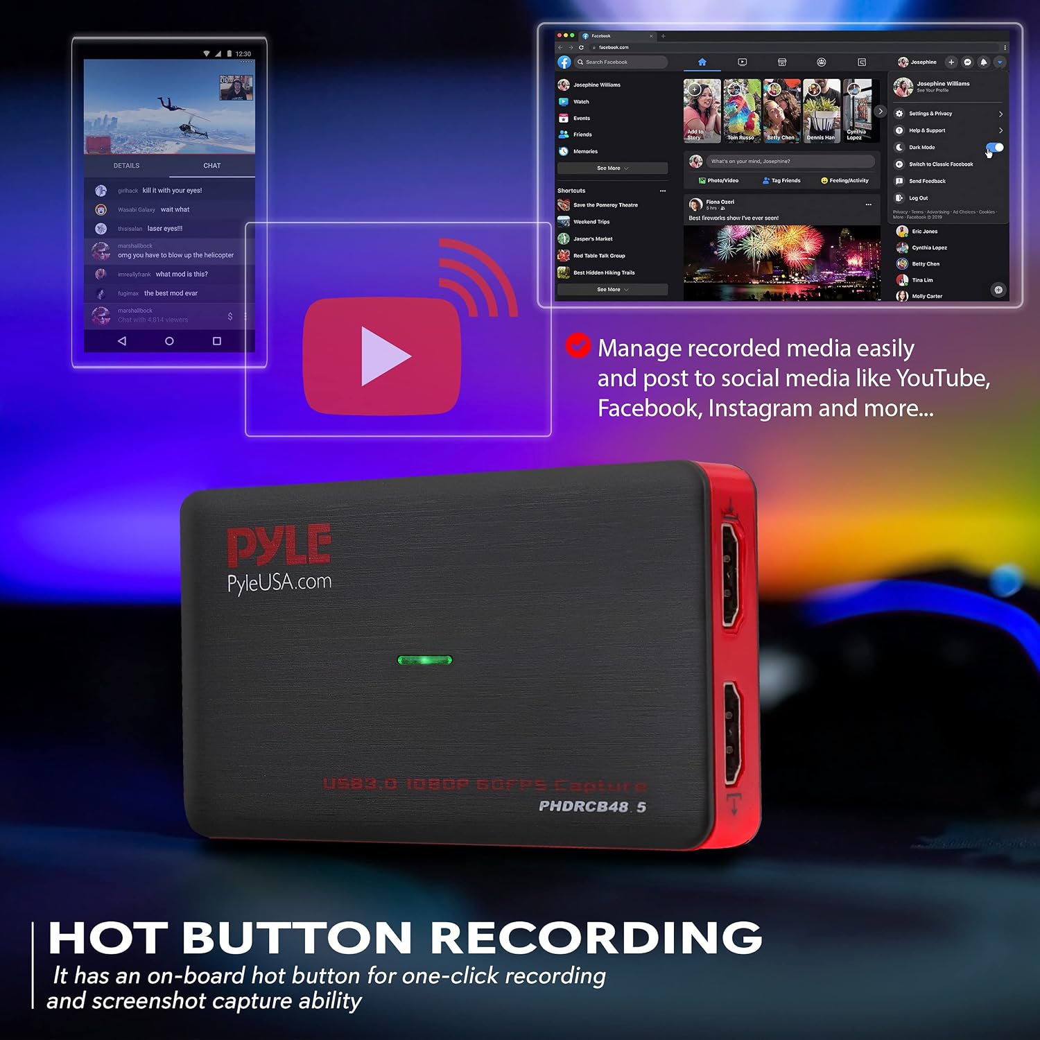 PyleUsa Capture Card Device, 4K HDMI Video Capture Card, 1080P 60FPS, HDMI to USB 3.0 Capture Card for Live Streaming Work with Camera, USB, SD, PC