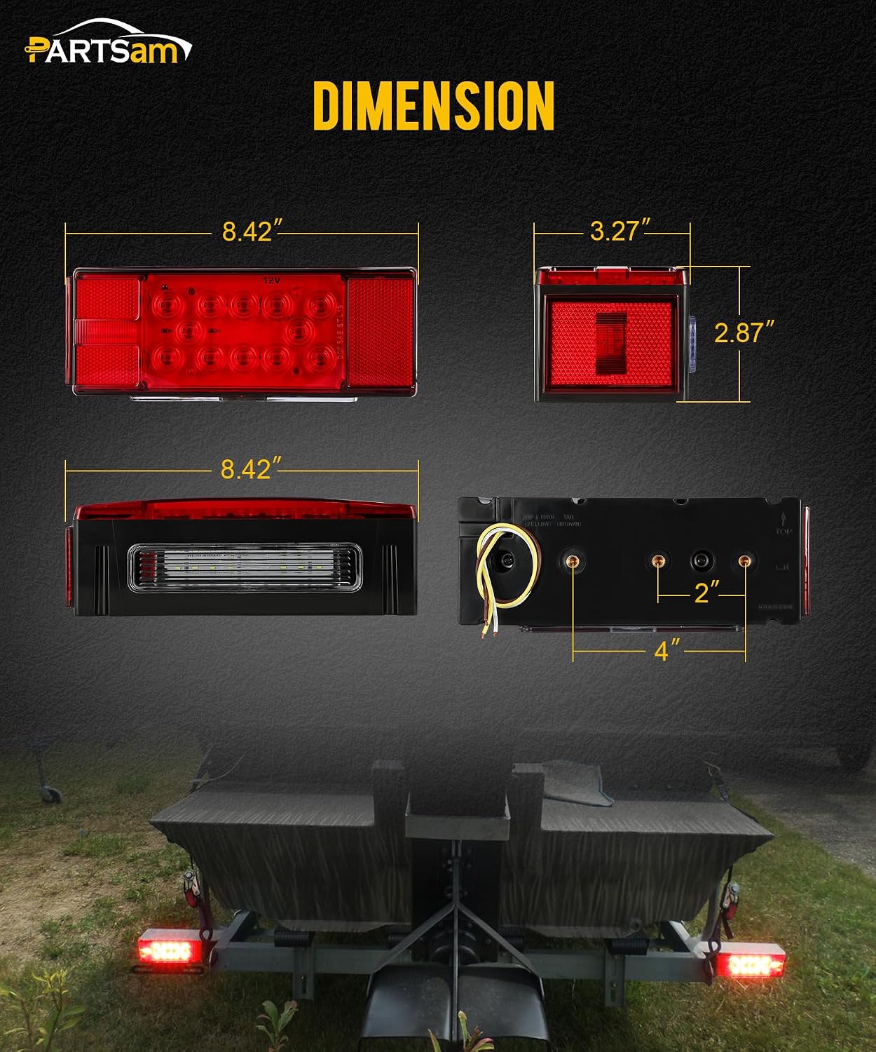 Partsam 12V LED Submersible Low Profile Rectangular Trailer Lights