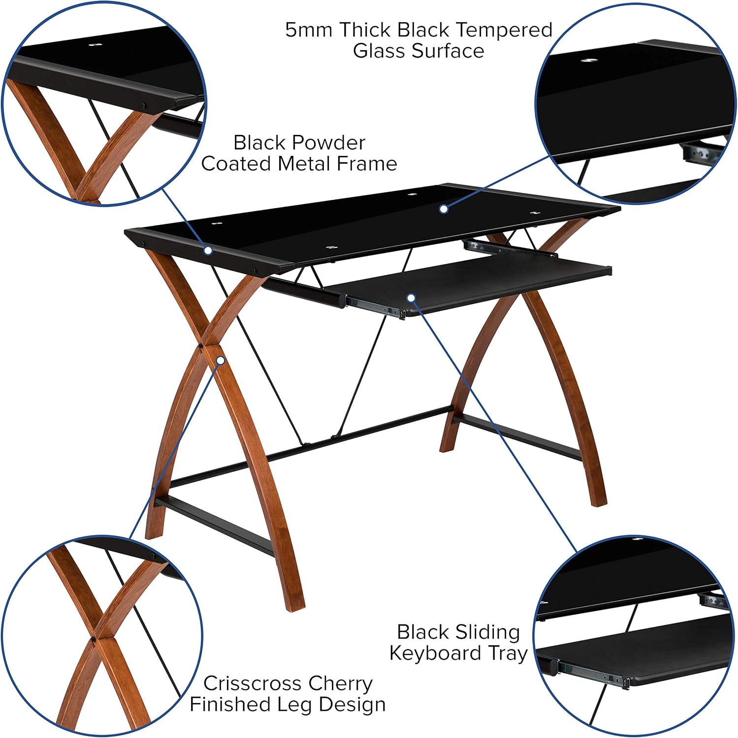Flash Furniture Jude Tempered Glass Computer Desk with Pull-Out Keyboard Tray and Crisscross Frame, Small Computer Desk for Home Office, Cherry/Clear