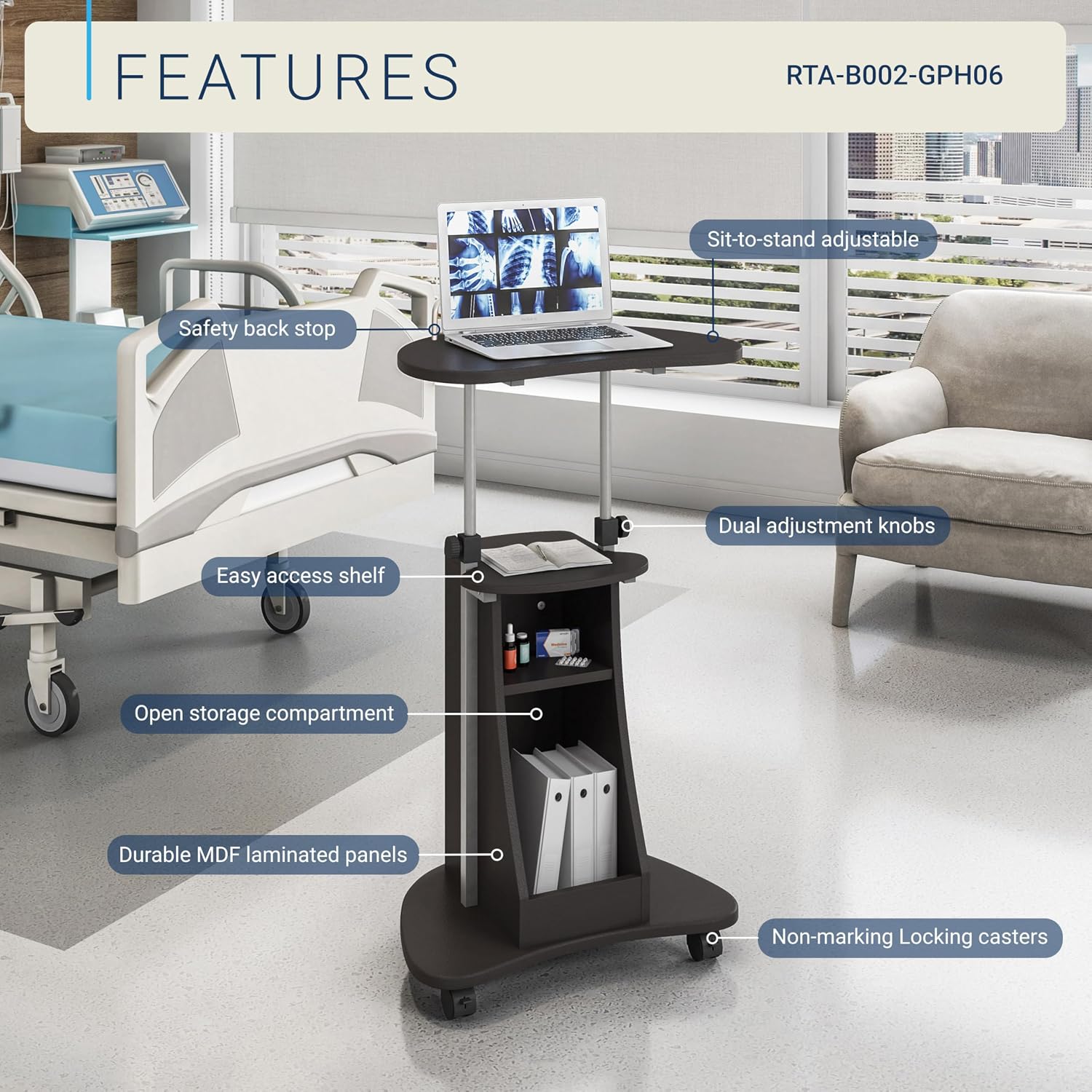 Techni Mobili Adjustable Height Rolling Laptop Cart with Storage, Graphite | Adjustable height rolling laptop cart with storage drawer, open shelf, wheels, sit‑stand design for office or medical use