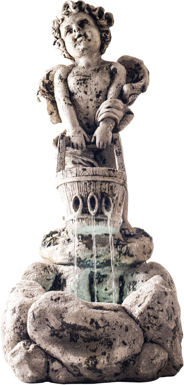 Outdoor Water Fountain With LED Lights, Lighted Cherub Angel Fountain With Antique Stone Design for Decor on Patio