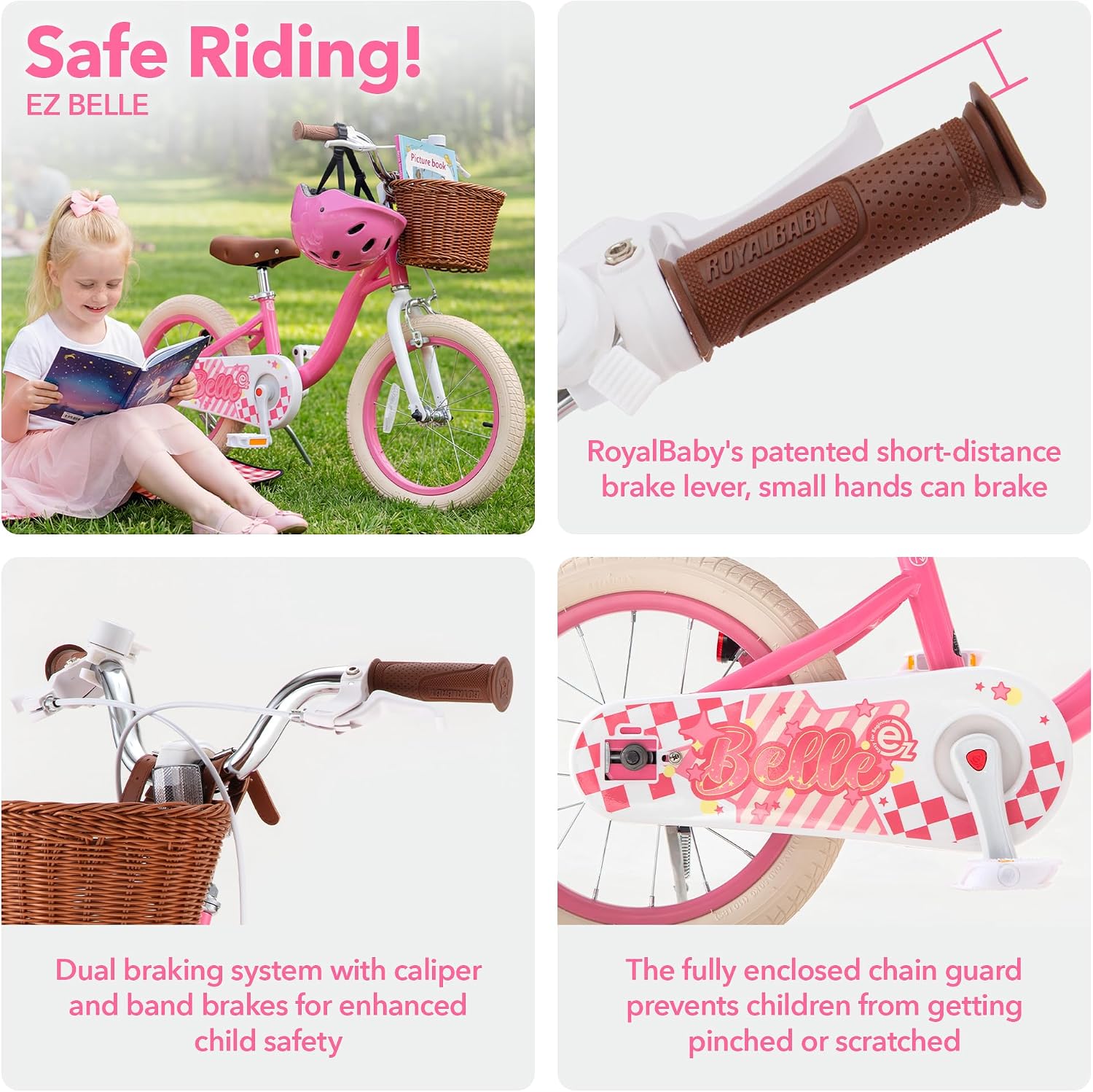 RoyalBaby Girls Bike Belle EZ Kids Bike, Balance and Pedal Bicycle, 14 16 18 Inch Wheel for Age 3-8 Years Toddlers to Big Kids, Pink & Purple