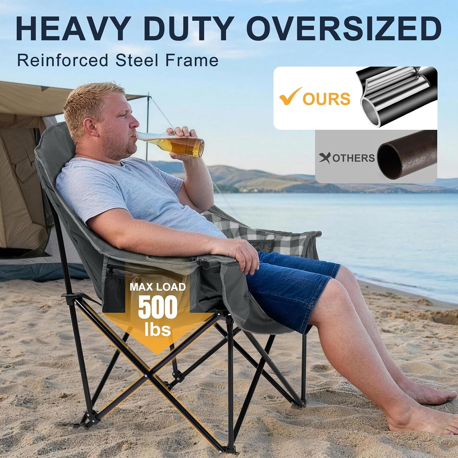 Oversized Camping Chairs for Adult - Heavy Duty Padded Portable Folding Chair XL Collapsible Camp Chair with Cup Holder Side Pocket for Outdoor Lawn Beach Sport Fishing Support 500LBS, Grey