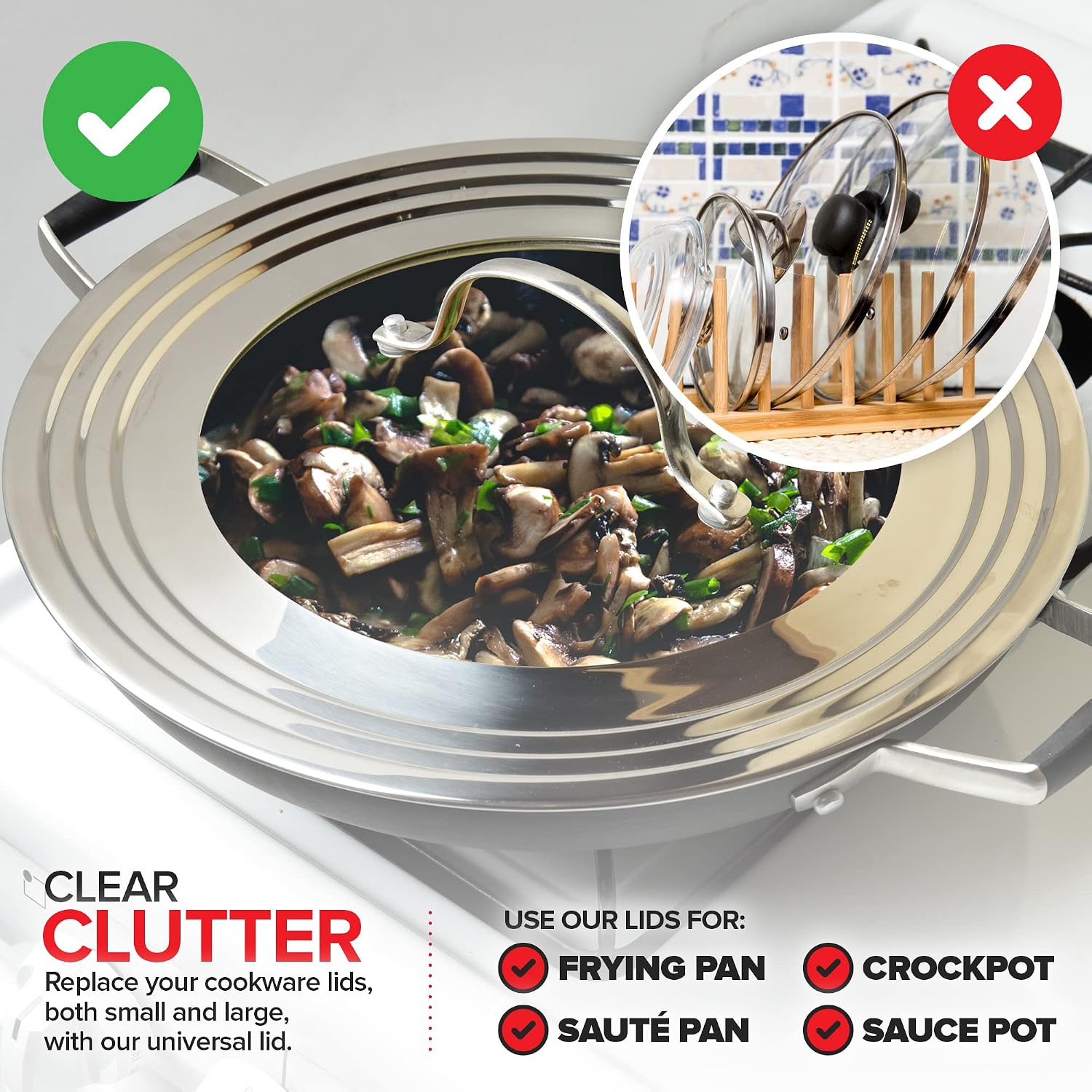 Modern Innovations Universal Lid with Tempered Glass Top for Pots & Pans, Fits 8.25, 9, 10, 11