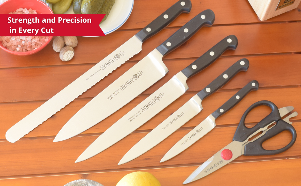Kitchen knife set, forged knives, ergonomic design, Mundial cutlery.