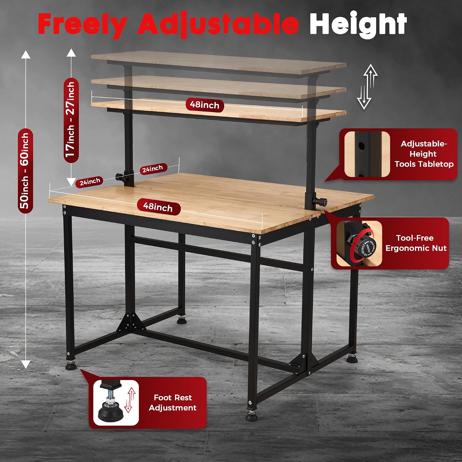 48" Adjustable Rubberwood Workbench with Foldable Extension Board & Power Outlet, Extra Large 48x32In 9-Level Height 27"-37", 2000 LBS Heavy Duty for Workshop Garage Office Home