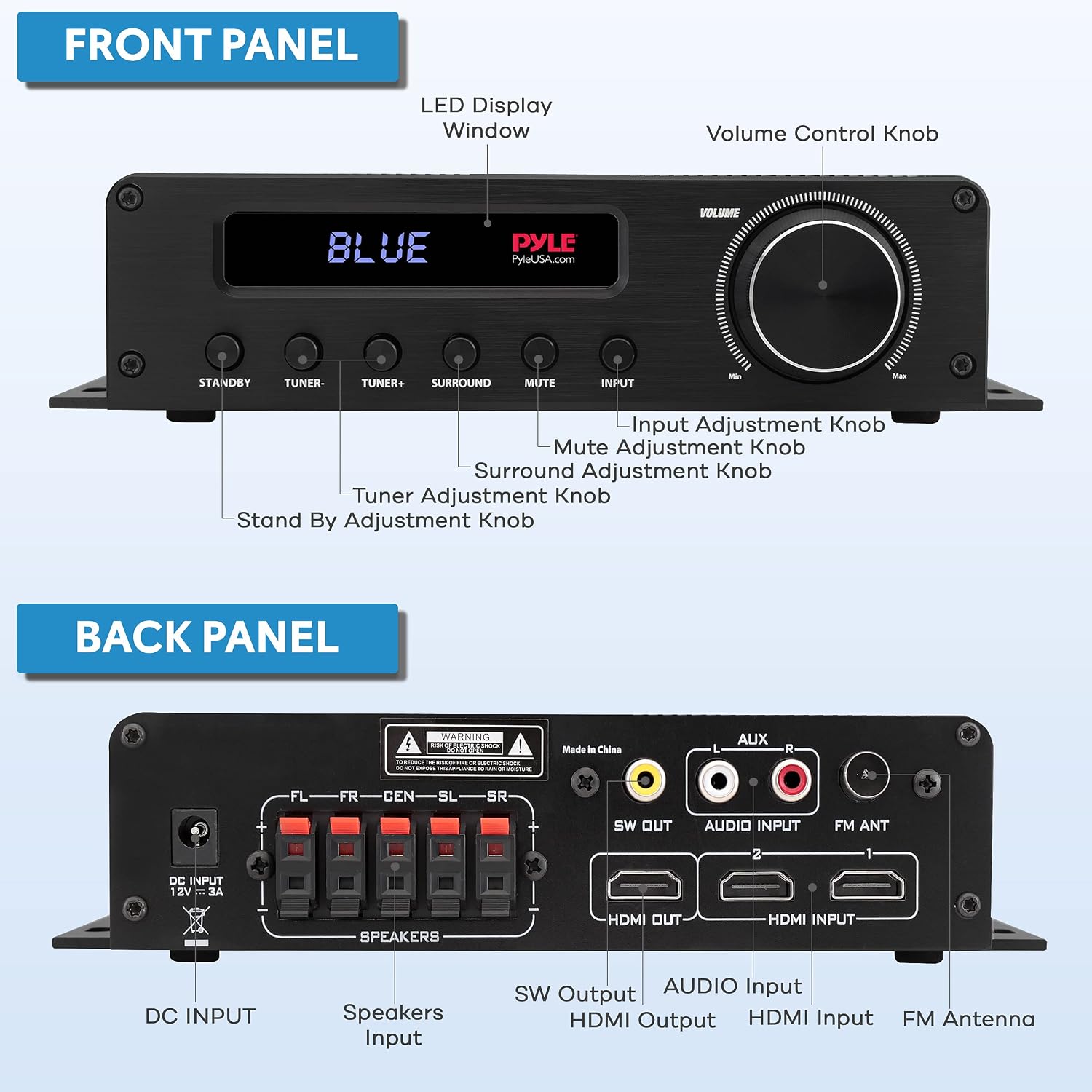 Pyle Wireless Bluetooth Home Audio Amplifier - 100W 5 Channel Home Theater Power Stereo Receiver, Surround Sound w/ HDMI, AUX, FM Antenna