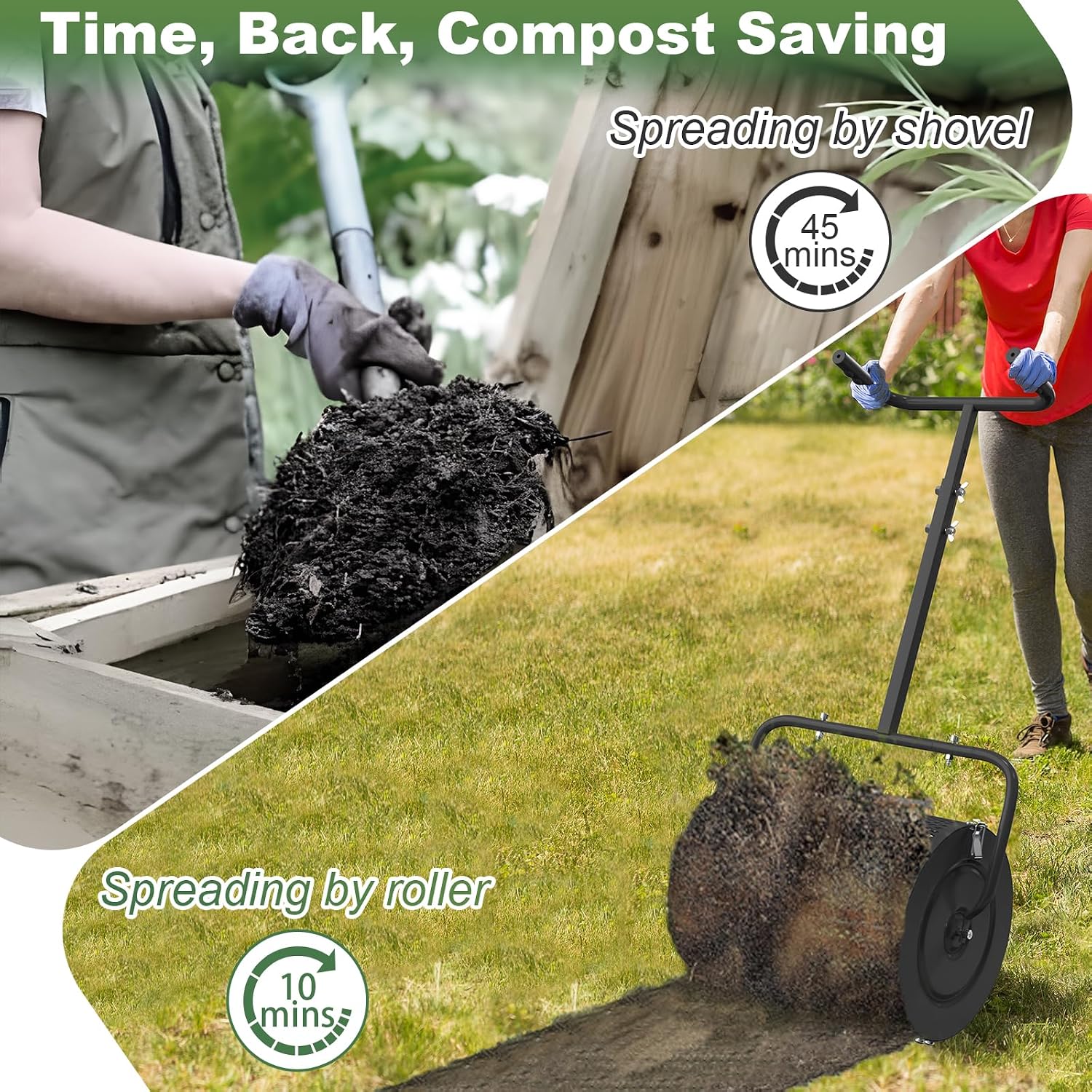 Lilyvane Compost Spreader, 24” Large Peat Moss Spreader with T Shaped Handle, Height Adjustable, Heacy Duty Garden Peat Moss Roller