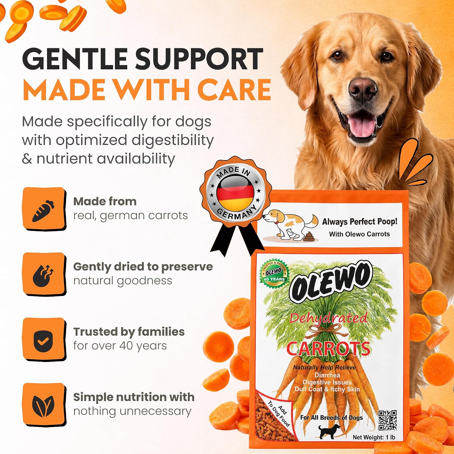 Olewo Carrots Dog Food Topper for Digestive Support & Firm Stools, 1 lb | Real-food digestive support. Whole-food alternative to powders, blends & synthetic supplements. Made in Germany.