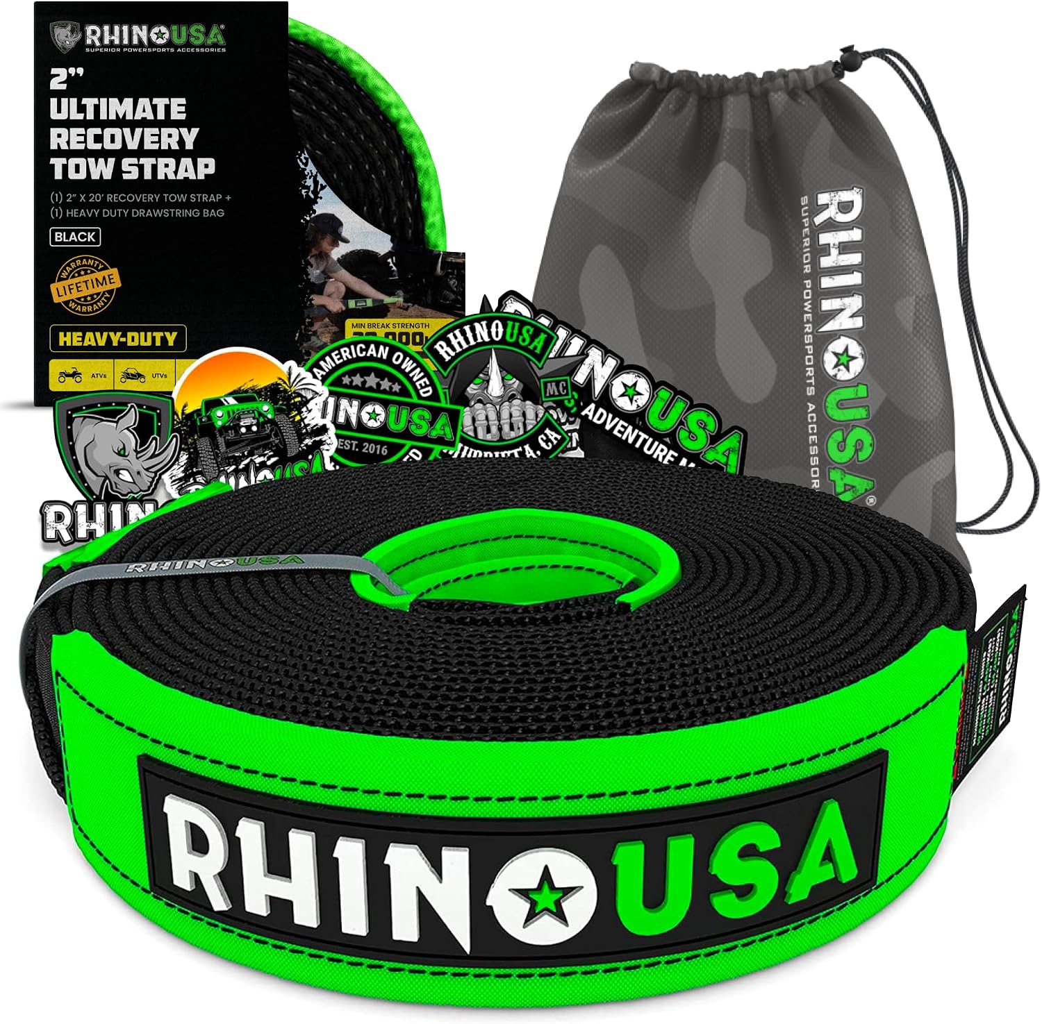 Rhino USA Recovery Tow Strap (3in x 30ft) - 31,518lb Heavy Duty Towing | 31,518lb Break Strength Emergency Tow Strap, Extended 30ft Length. For Truck, UTV, ATV & Jeep Offroad Recovery. Black