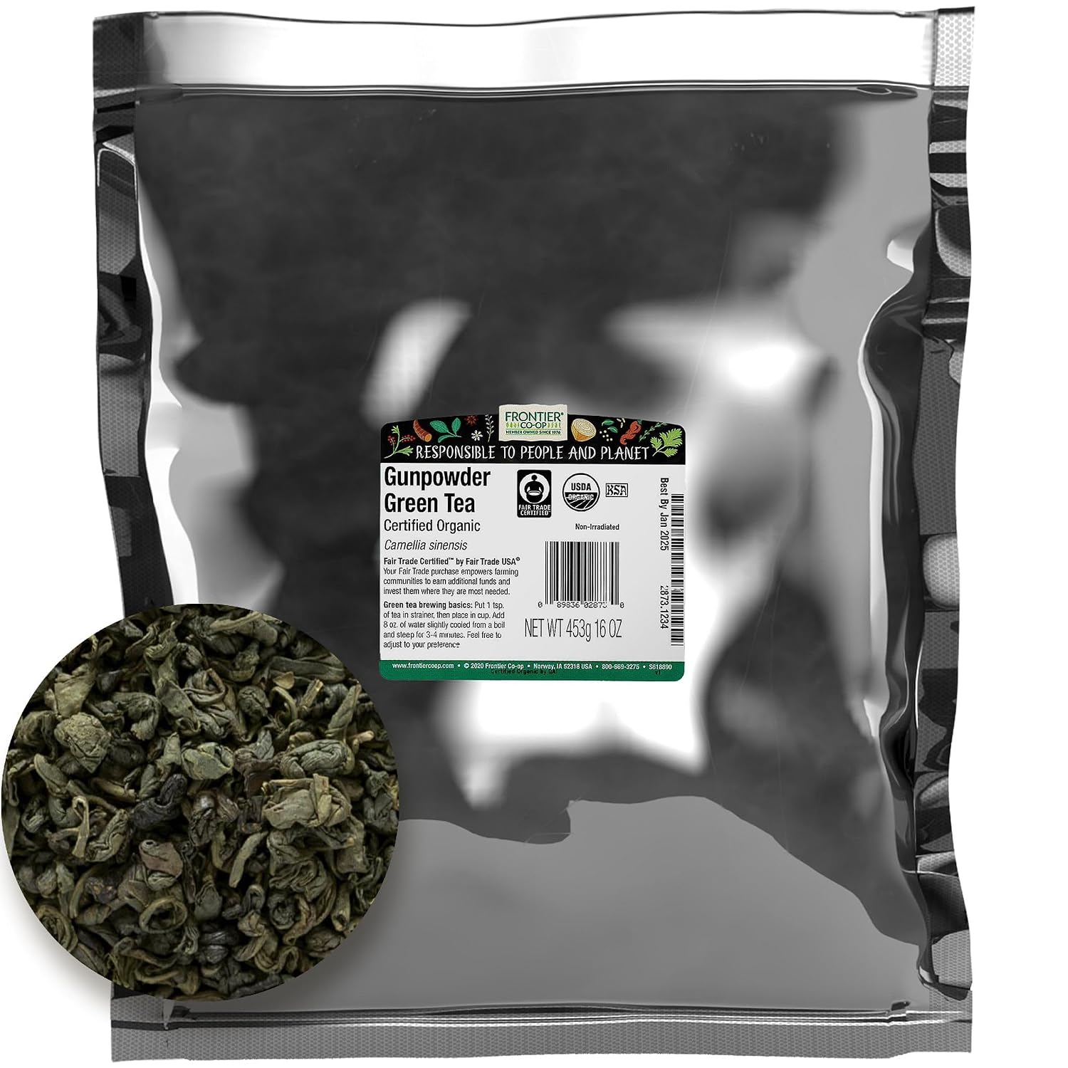 Frontier Co-op Organic Gunpowder Green Tea Leaves, 1-Pound Bulk, Smokey Green Tea, Maintains Freshness, Kosher, Fair Trade | Smokey Green Tea, Maintains Freshness, Kosher, Fair Trade