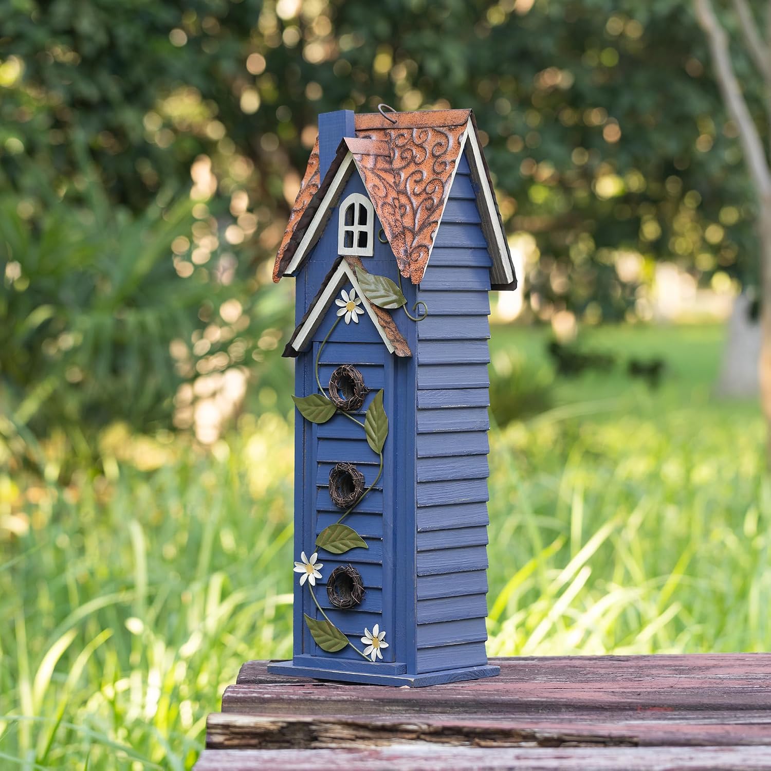 Glitzhome 12" H Green Hanging Distressed Solid Wood Garden Bird House Decorative Birdhouse