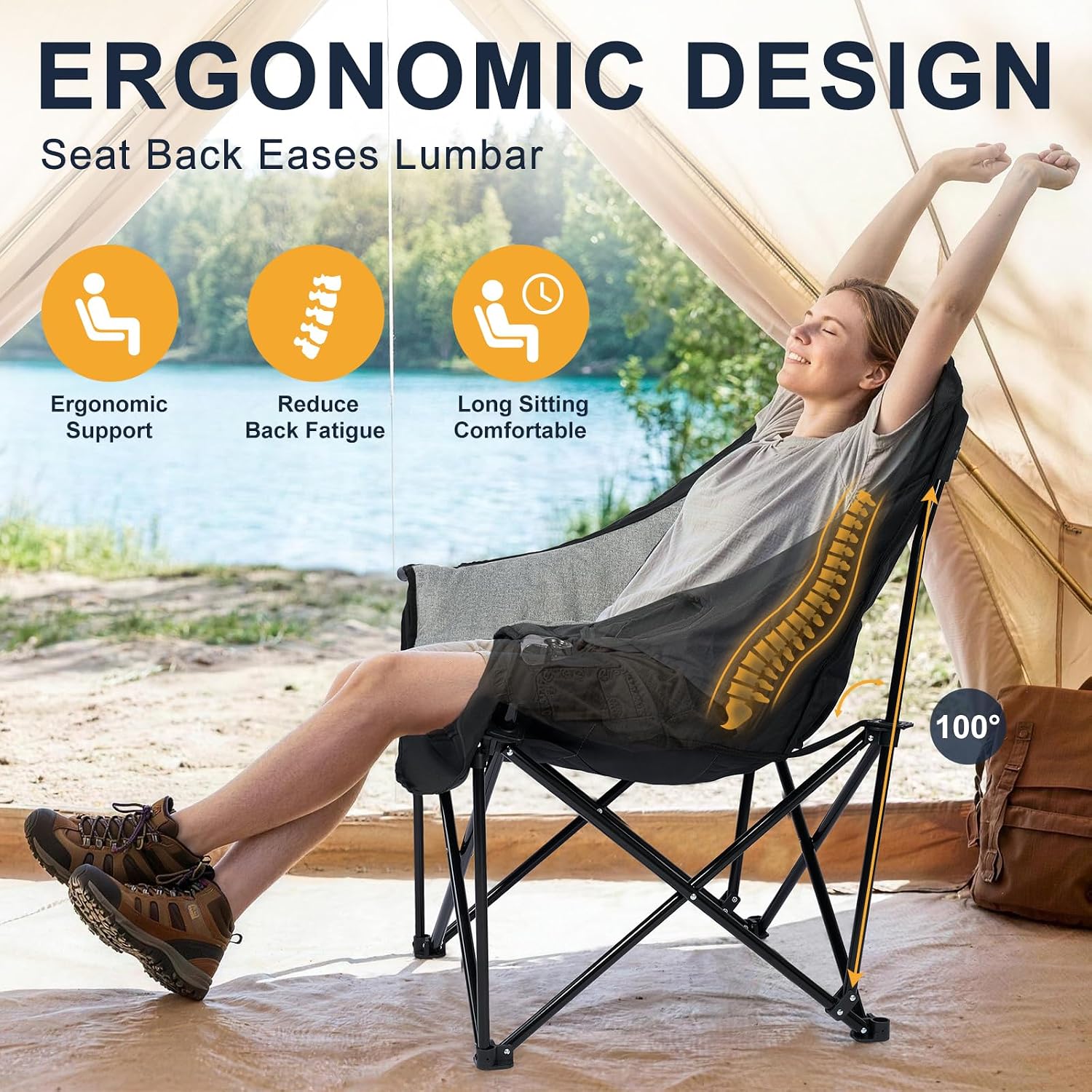 Oversized Camping Chairs for Adult - Heavy Duty Padded Portable Folding Chair XL Collapsible Camp Chair with Cup Holder Side Pocket for Outdoor Lawn Beach Sport Fishing Support 500LBS, Grey