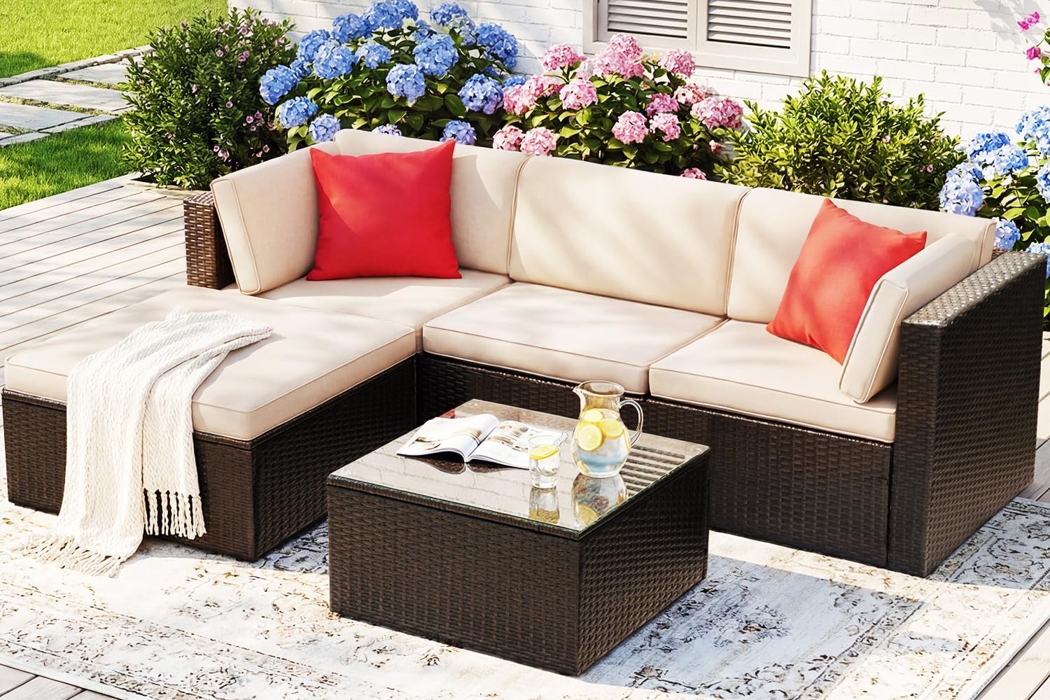 Devoko 5 Pieces Patio Furniture Sets Outdoor Sectional Patio Sofa | All Weather Manual Weaving Wicker Rattan Patio Seating Sofas with Cushion and