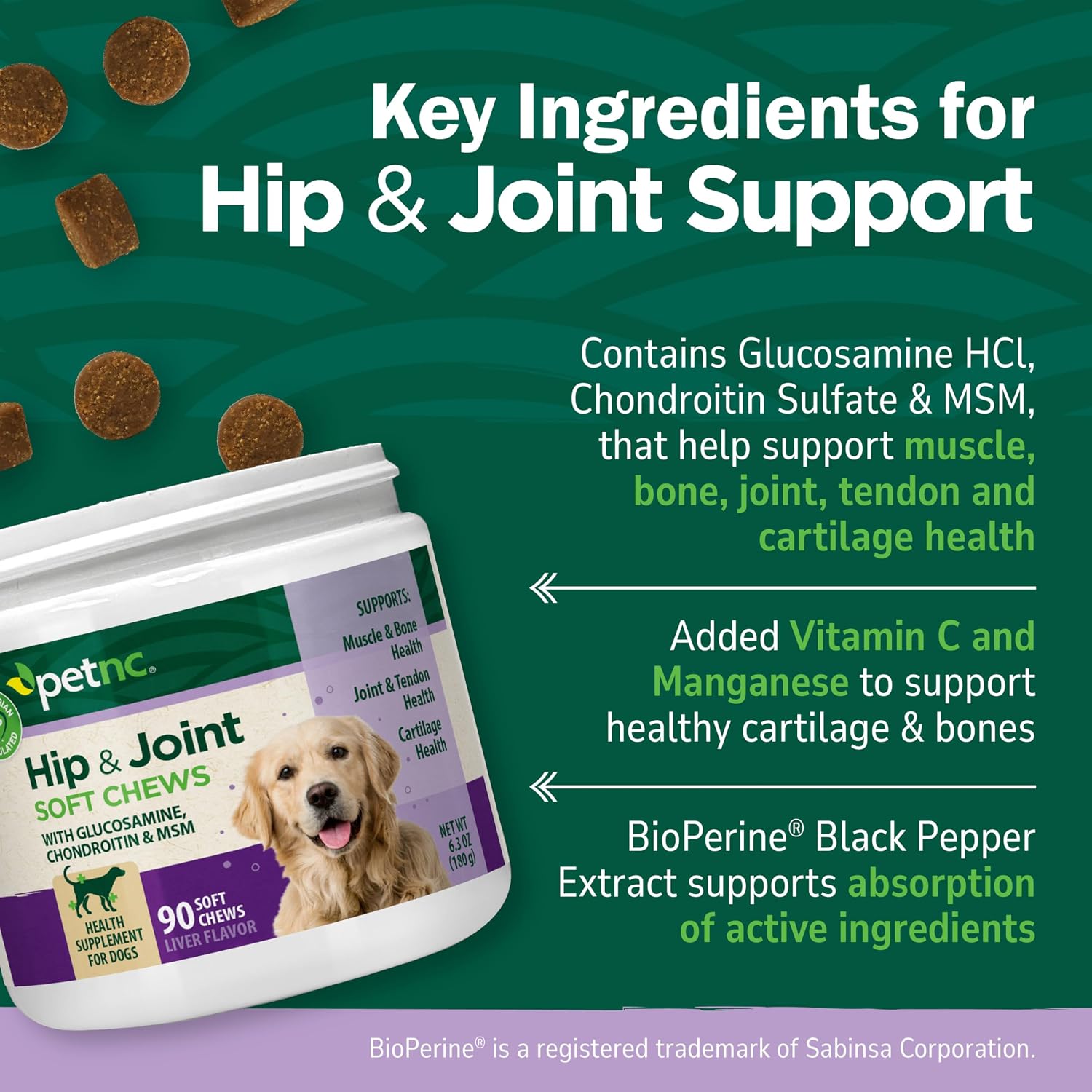 PetNC Natural Care Hip and Joint Soft Chews for Dogs, 90 Count - 27591 | Glucosamine Chondroitin MSM Dog Chews with Hyaluronic Acid, Liver Flavored Bone & Joint Support Supplement, For All Breeds