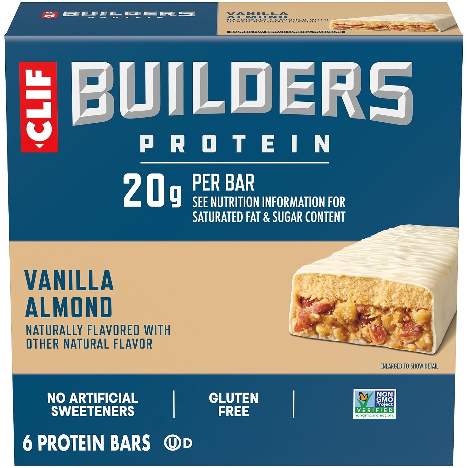 CLIF BUILDERS Protein Bars - Vanilla Almond Flavor - 20g Plant Based Protein - Gluten Free - Non-GMO - Low Glycemic - No Artificial Sweeteners - 2.4