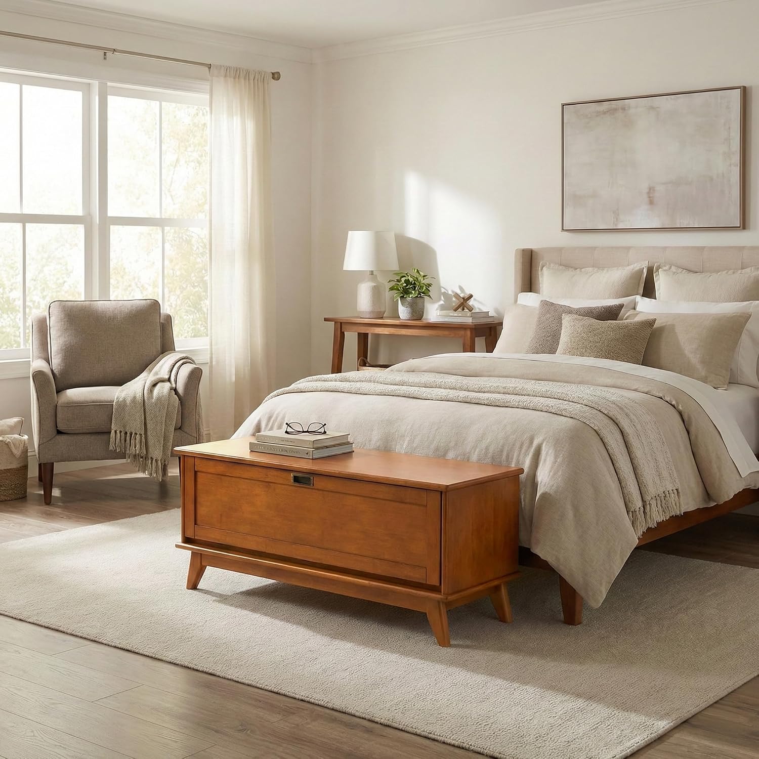 SIMPLIHOME Harvey 47" Wide Solid Mango Wood Bench in Natural | Traditional entryway bench in dark chestnut brown with a lift-up lid and 3 hidden compartments; shoe or hallway bench.