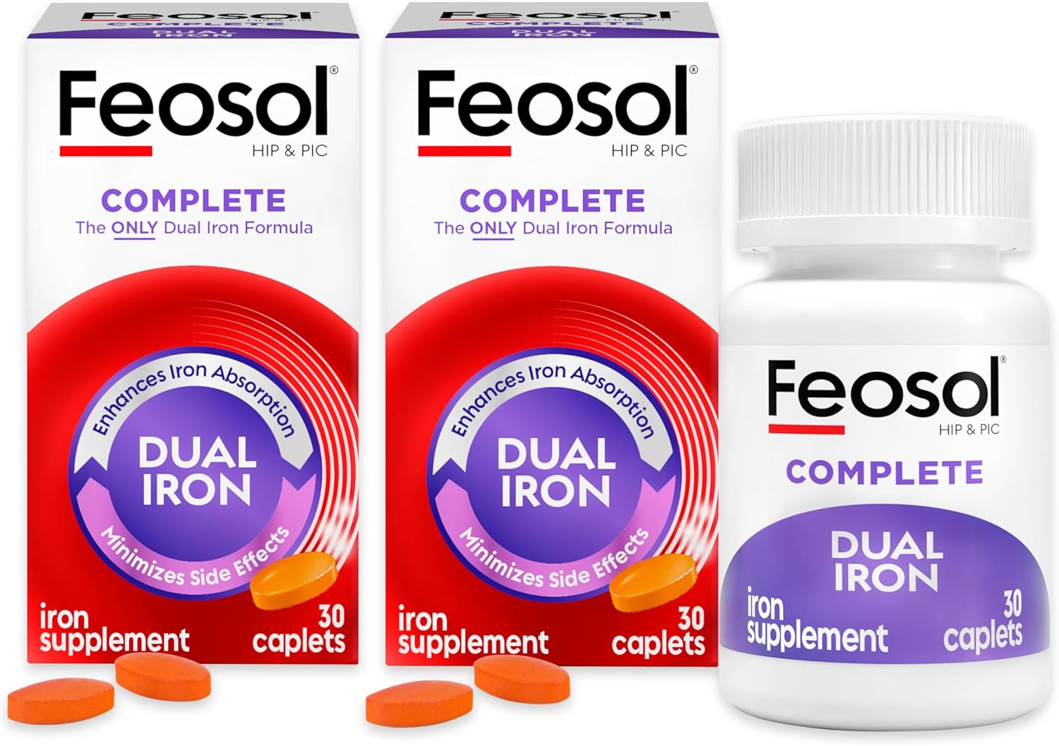 Feosol Complete Iron Supplement Caplets, Bifera Iron for High Absorption, Heme and Non-Heme Dual Action Minimizes Side Effects, 1 Per Day, for Energy and Immune System Support, Made in USA, 30 Count