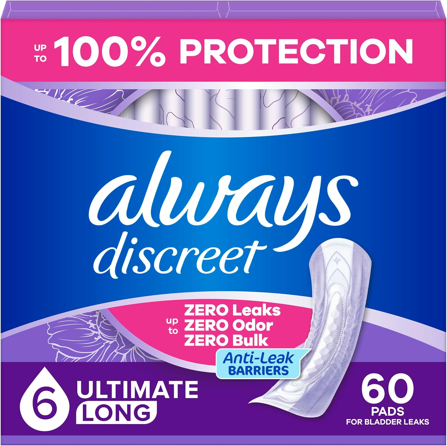 Always Discreet Adult Incontinence Pads for Women, Drier, 6 Drop Long Length, Extra Heavy Absorbency, Pads for Bladder Control Management, Bladder Leaks, & Postpartum Pads, 45ct