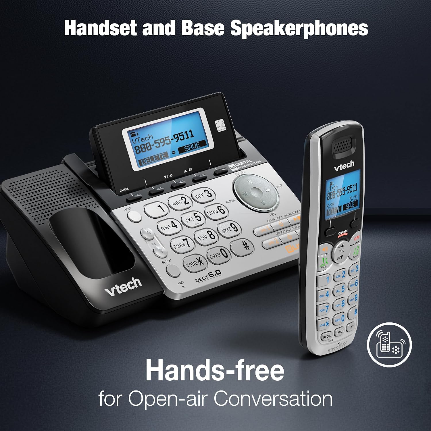 VTech DS6101 Accessory Handset for DS6151 Series, Black/Silver | 2-Line Cordless Phone, Answering System, Expandable up to 12 Handsets, Intercom & Conference