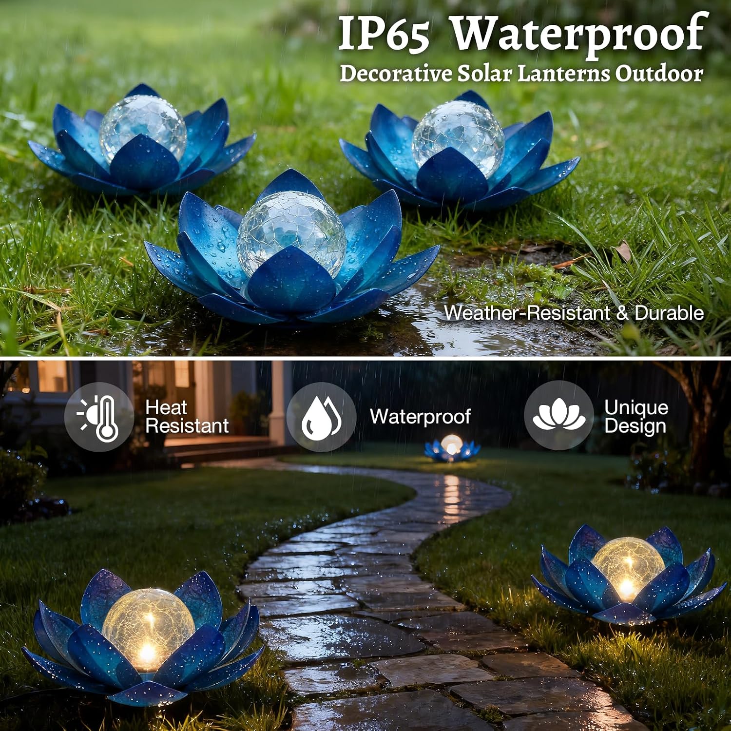 Huaxu Solar Lights Outdoor Garden, Crackle Globe Glass Lotus Decor, Waterproof LED Metal Flower Decorations for Patio,Lawn,Walkway,Tabletop,Ground