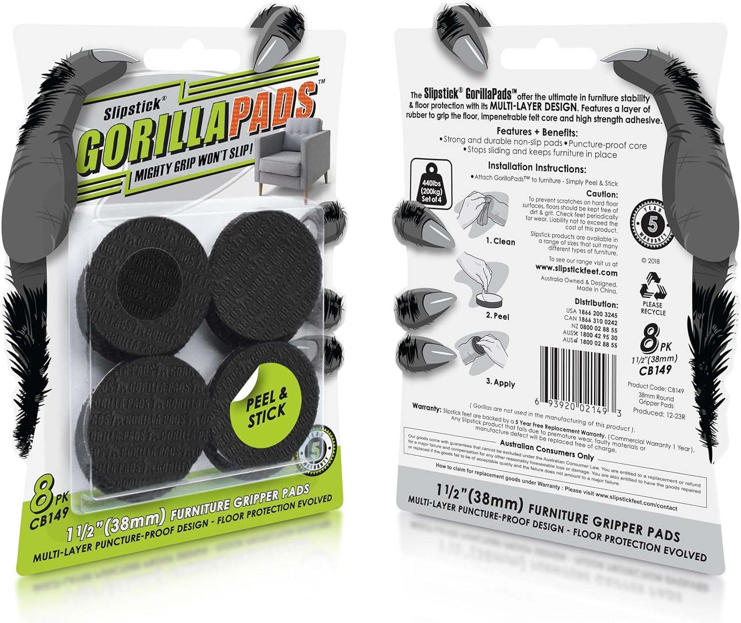 Slipstick GorillaPads CB149 Non-Slip Furniture Pads/Rubber Grippers (Set of 8) Self-Adhesive Furniture Feet Floor Protectors, 1-1/2 inch Round, Black