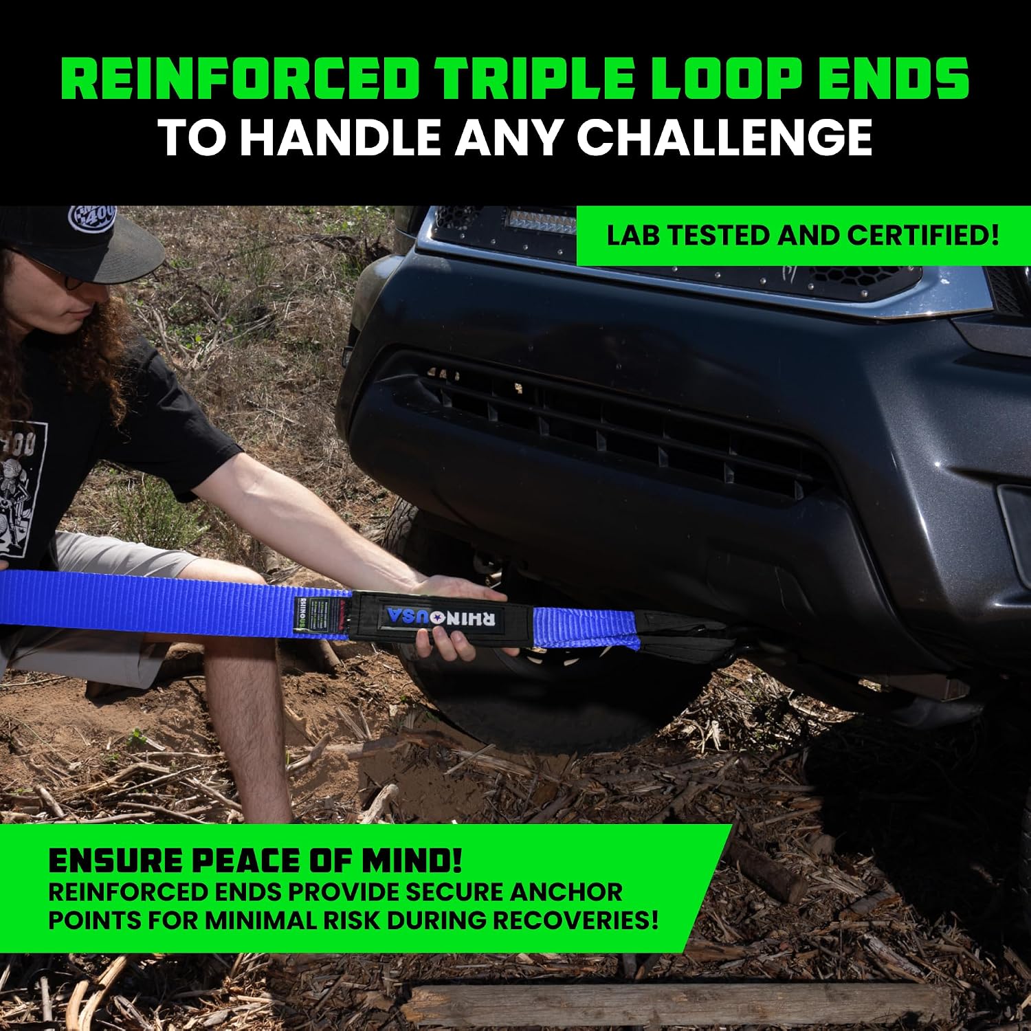 Rhino USA Recovery Tow Strap (3in x 30ft) - 31,518lb Heavy Duty Towing | 31,518lb Break Strength Emergency Tow Strap, Extended 30ft Length. For Truck, UTV, ATV & Jeep Offroad Recovery. Black