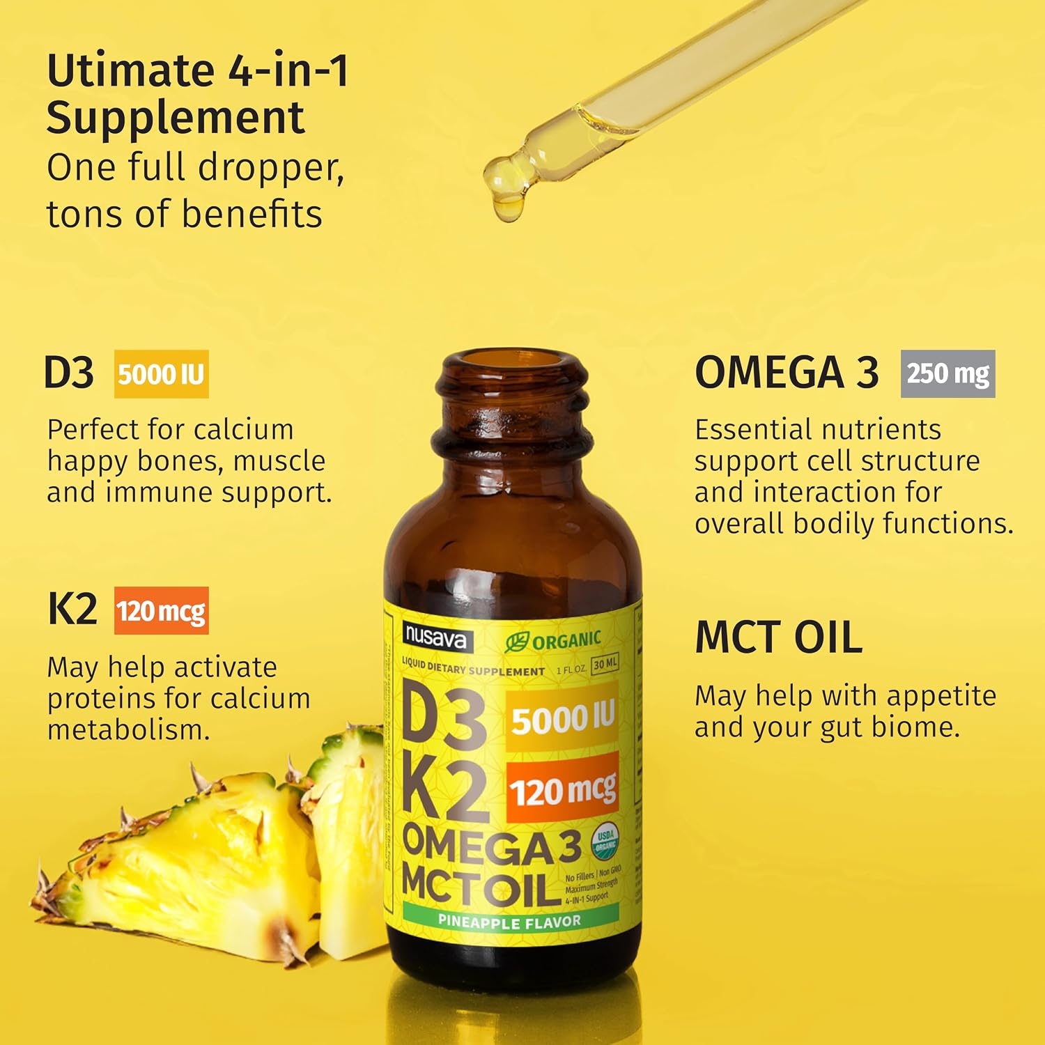 Nusava Organic Vitamin D3 K2 Drops with MCT Oil, Unflavored, Pack of 2