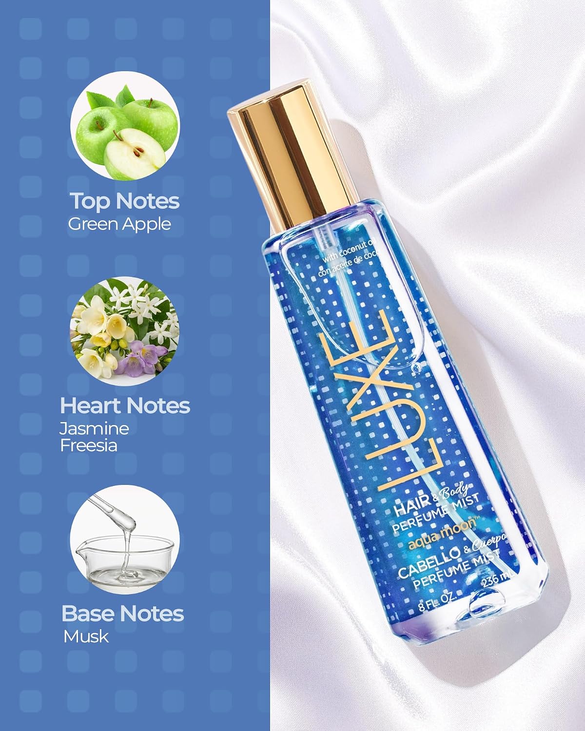 Luxe Perfumery Aqua Moon Hair & Body Perfume Mist – Fruity Floral Musk with Green Apple, Jasmine & Freesia – Hydrating Coconut Oil & Glycerin