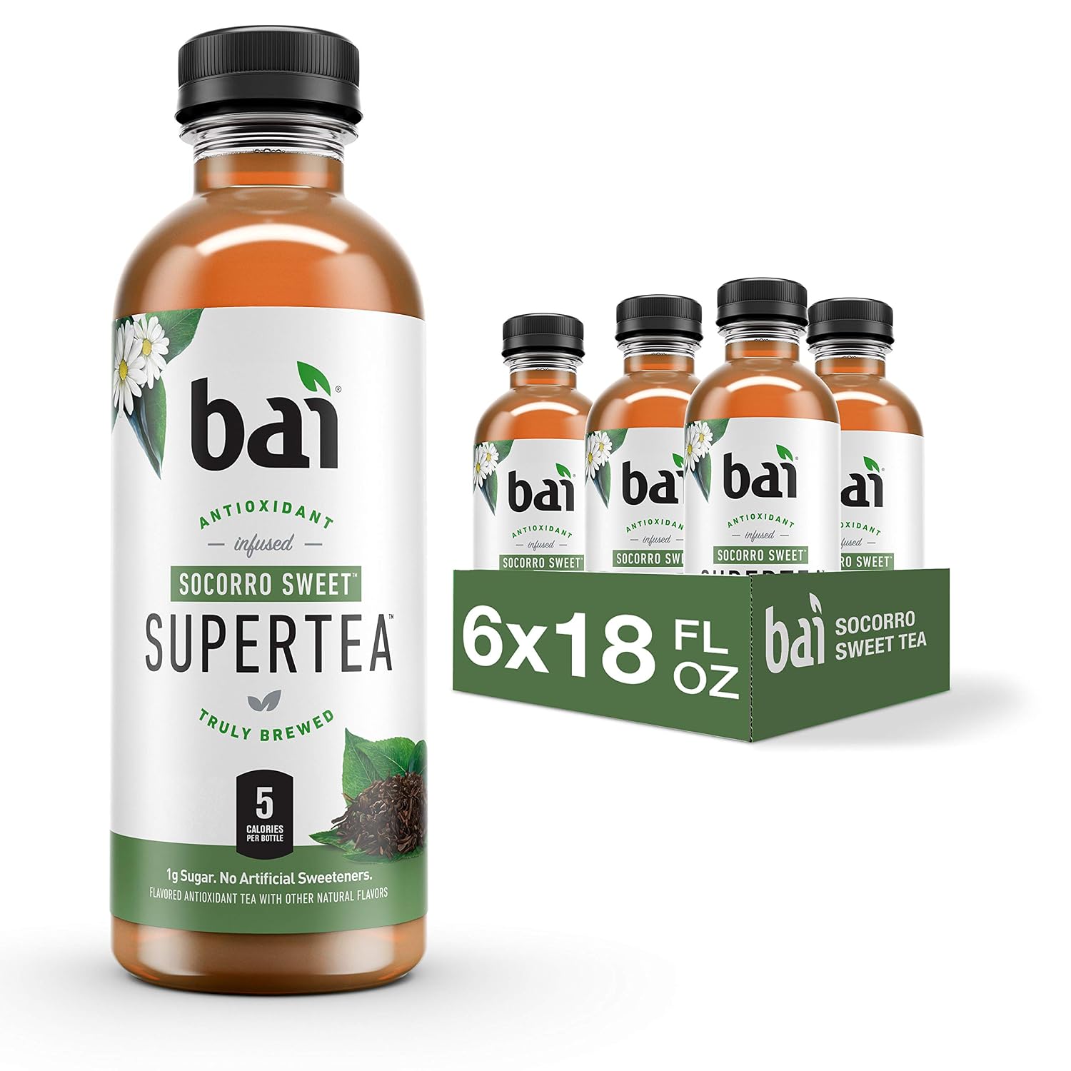 Bai Iced Tea, Narino Peach, Antioxidant Infused Supertea, Crafted with Real Tea (Black Tea, White Tea), 18 Fluid Ounce Bottles, 12 count