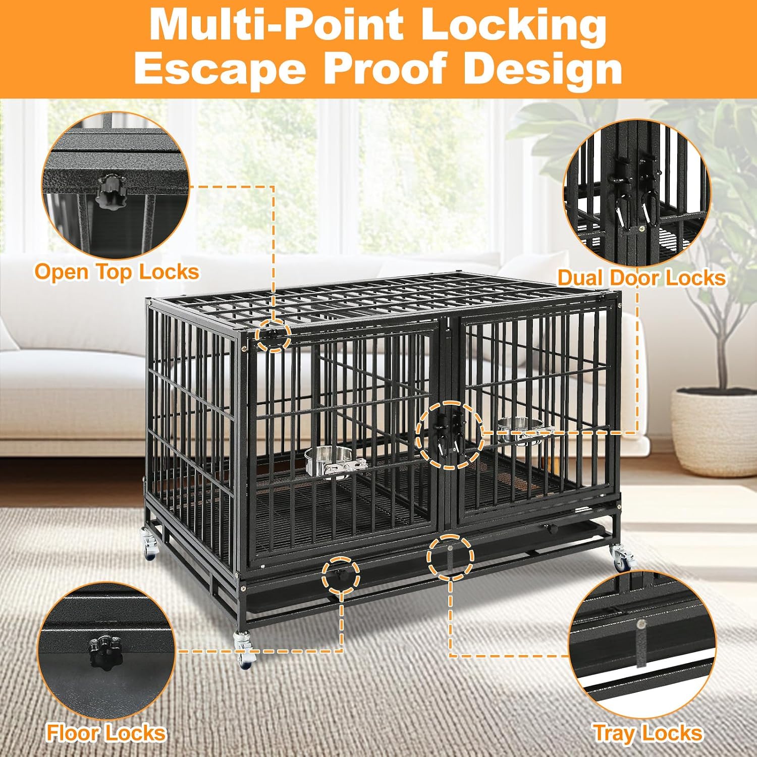 Homey Pet Three Tiers 43 inch Heavy Duty Dog Crate with Wheels, Dual Doors | Stackable Indestructible Steel Dog Cage Kennel Indoor with Divider, Trays, Bowls, Escape Proof Locks for Breeders and More