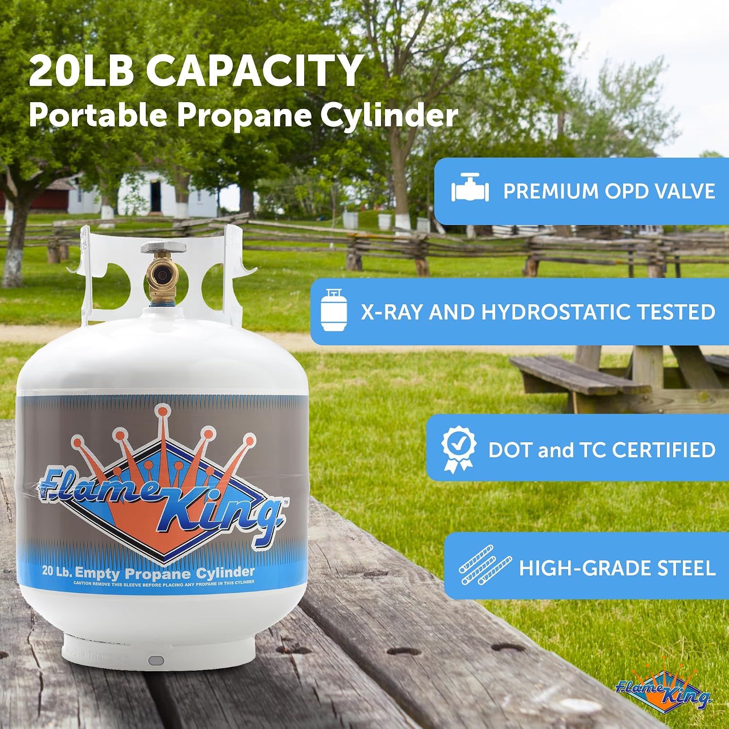 Flame King YSN-201 20-Pound Steel Propane Tank Cylinder with Type 1 OPD Valve, White